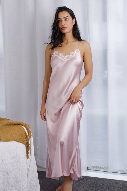 Silk Long Lace Chemise Slip - Musk