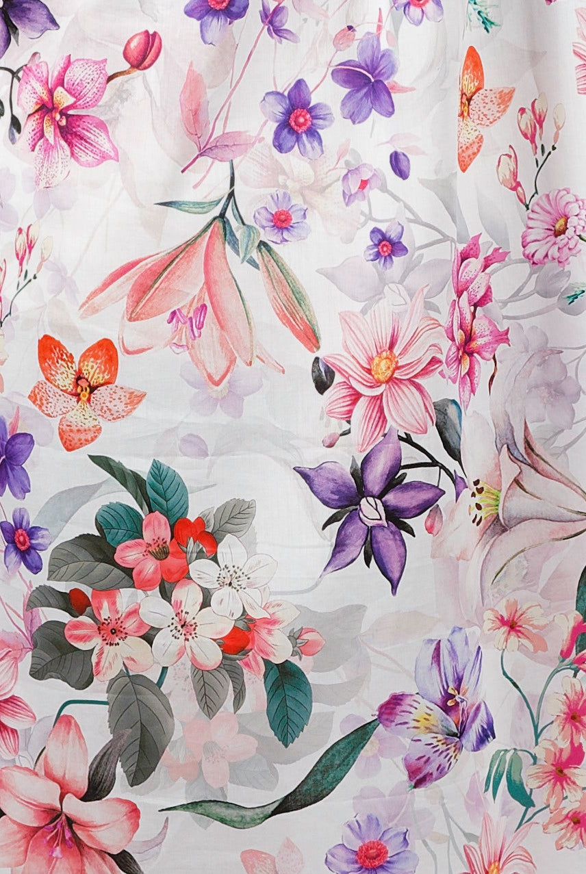close up of cotton floral nightie with pink and purple flowers