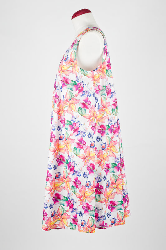Colorful floral cotton nightie dress on a mannequin against a white background