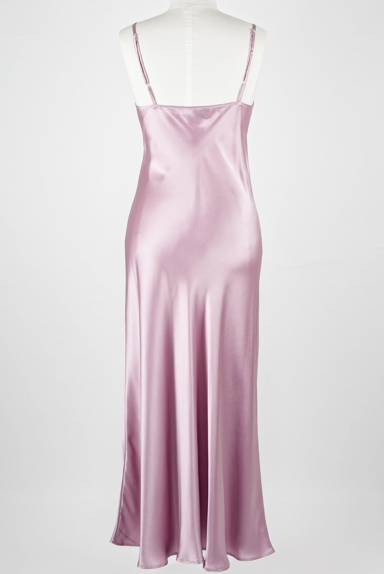 mannequin wearing a long light purple silk satin dress