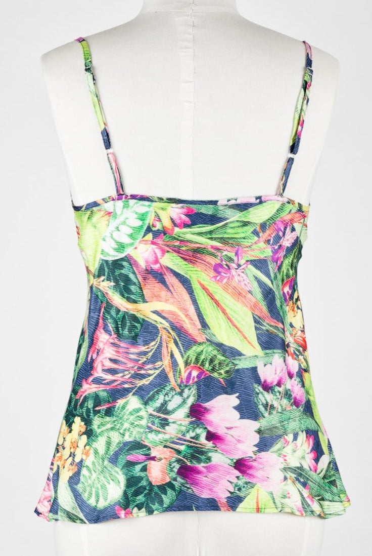 mannequin wearing tropical green print silk cami