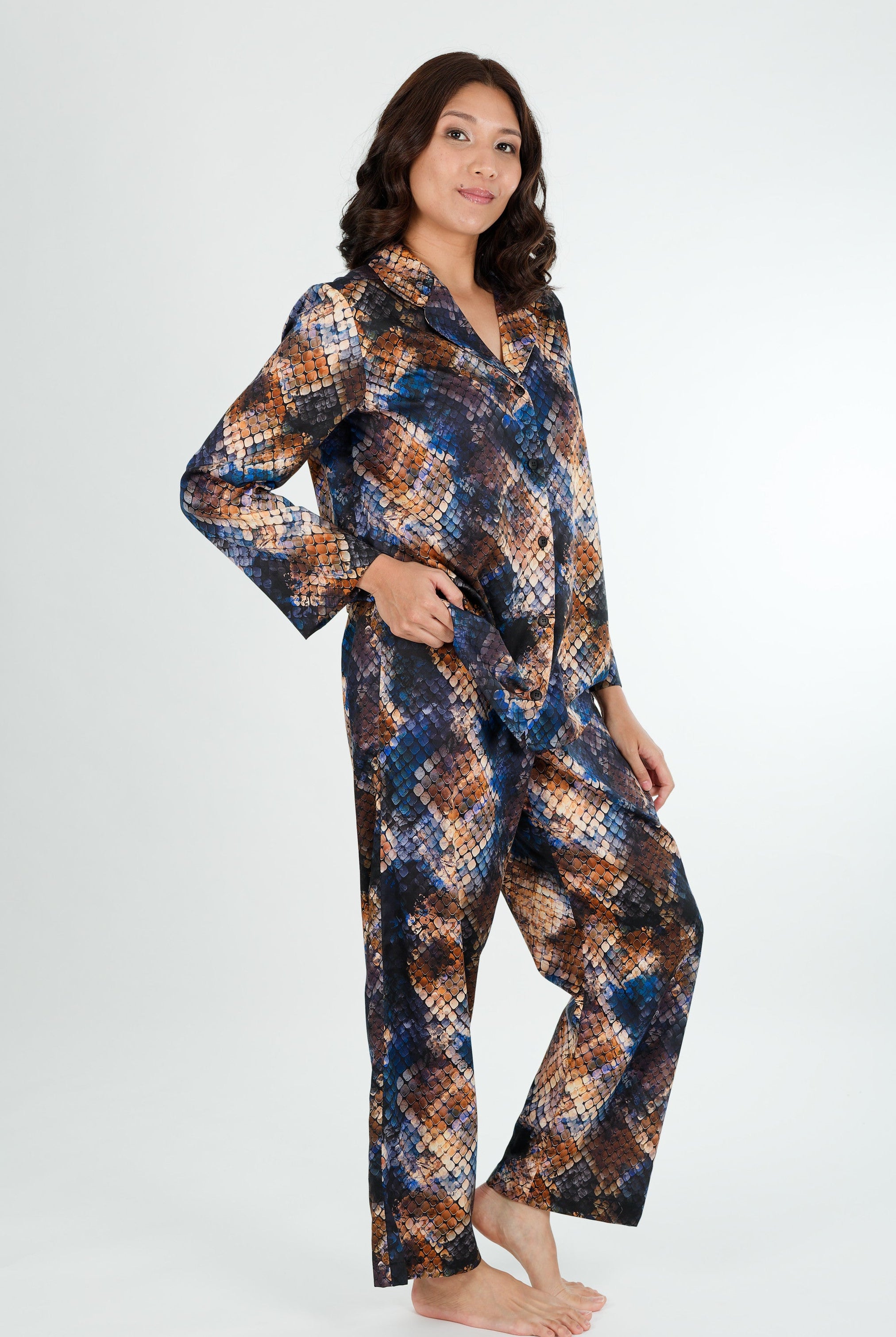 snake print of blue and gold cotton winter long sleeve pjs on a women