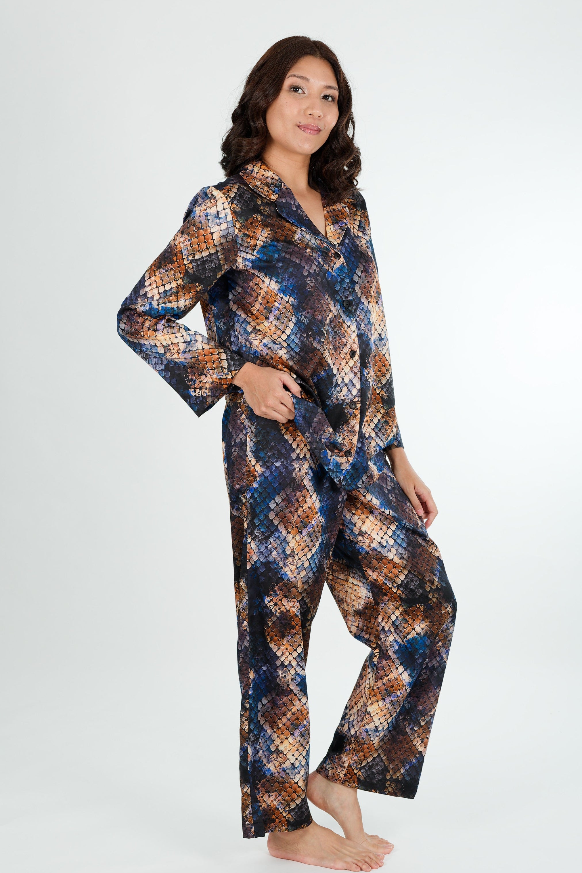 snake print of blue and gold cotton winter long sleeve pjs on a women