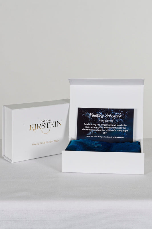 dark blue navy silk satin chiffon scarf with glow worm cave print in a white box