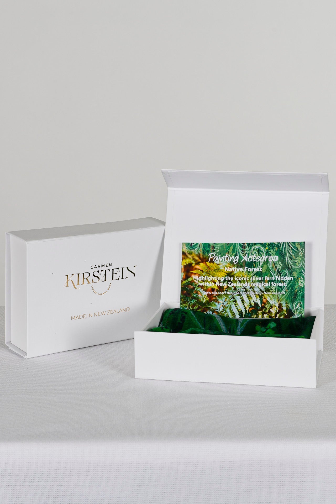 silk chiffon scarf in green forest print in white gift box