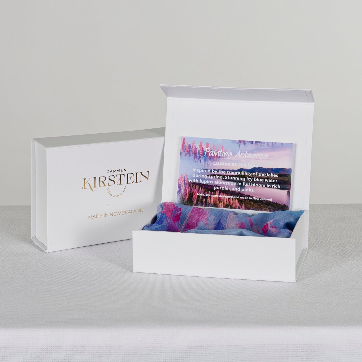 NZ inspired silk scarf - Lupins by the Lake