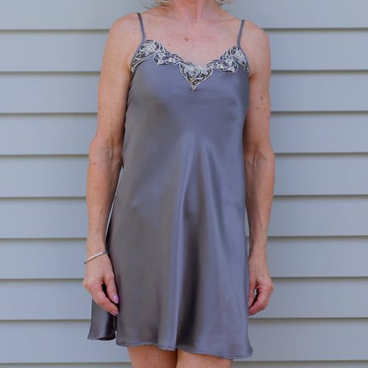 Silk Lace Chemise Slip - Gunmetal