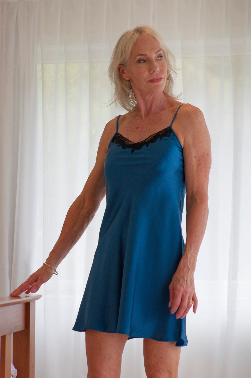 Silk Lace Chemise Slip - Sapphire