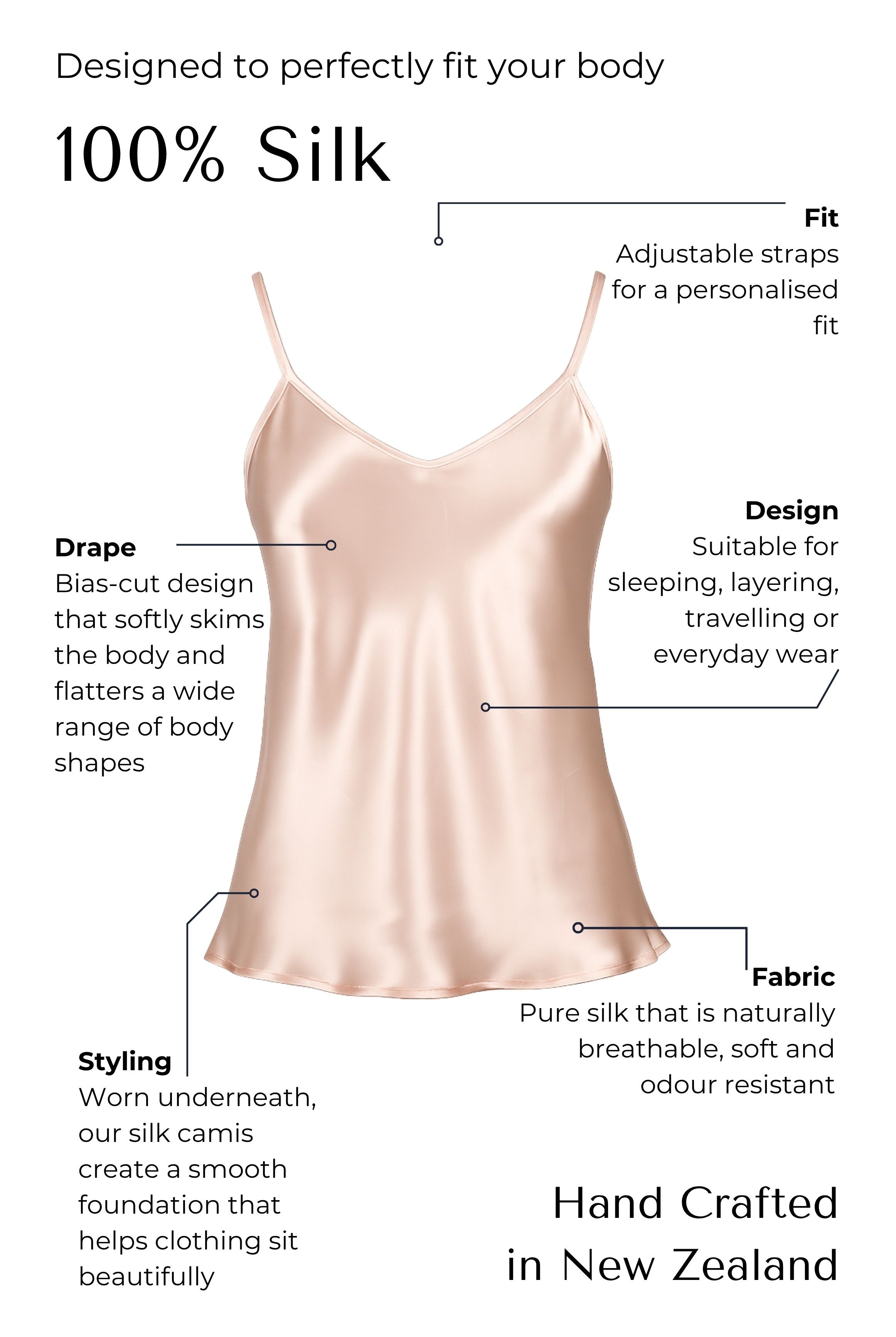 light pink Silk camisole with features highlighted on a black background