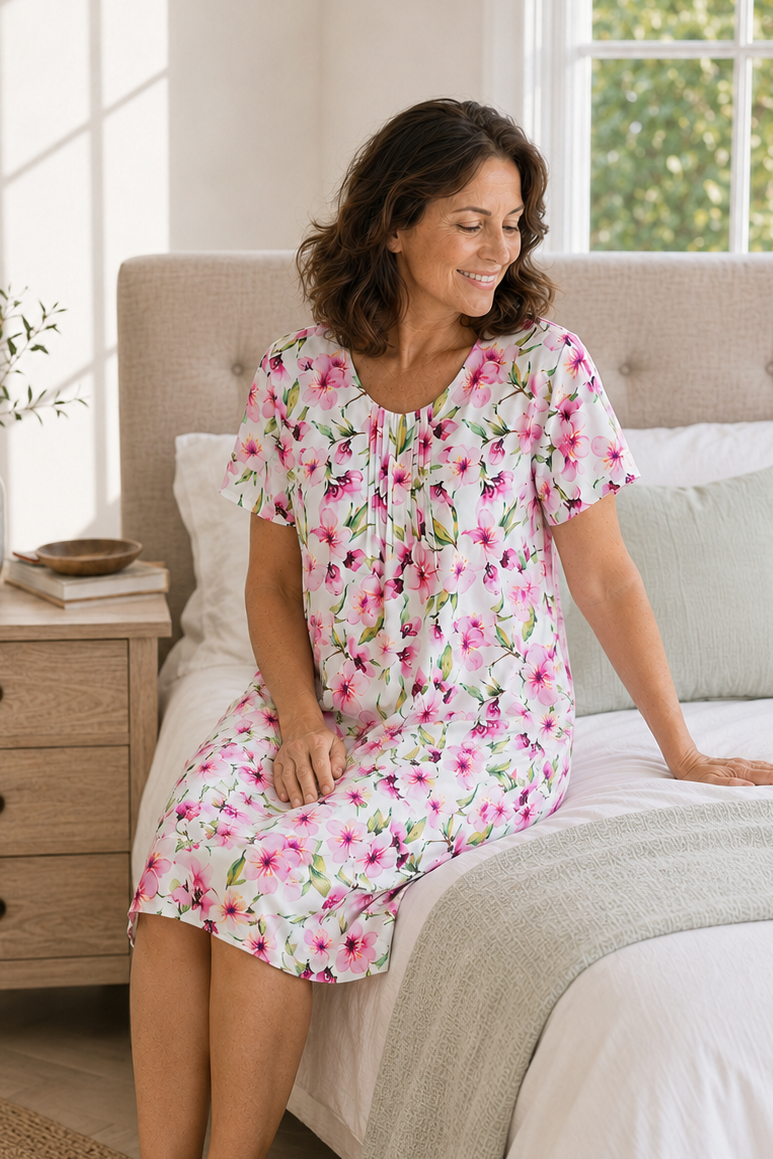 A woman wearing a pink floral short-sleeve nightgown sits on a bed in a bright, modern bedroom. The nightgown features a white base with pink flowers and green leaves.