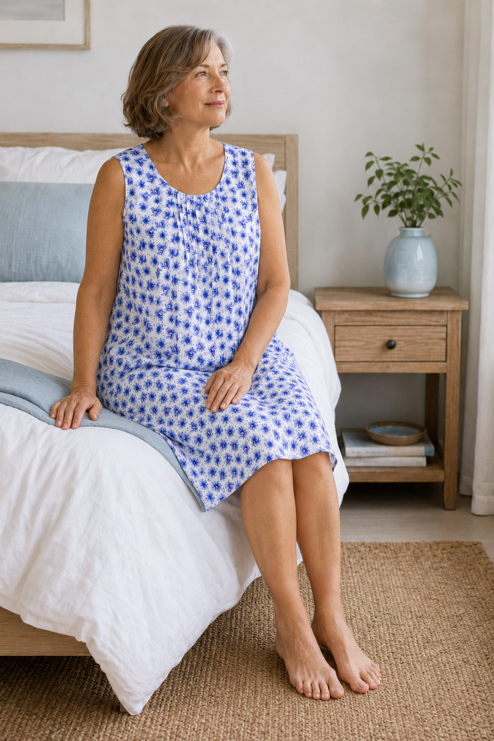 A woman sits on a bed wearing a sleeveless blue and white patterned nightgown in a bright, modern bedroom with a wooden nightstand and a potted plant.