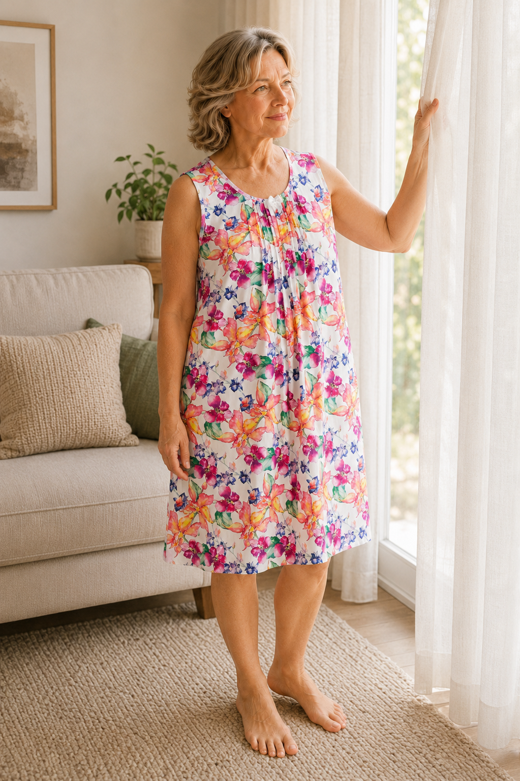 A woman wearing a sleeveless, knee-length floral nightgown stands barefoot in a bright living room, looking out a window and holding a sheer curtain.