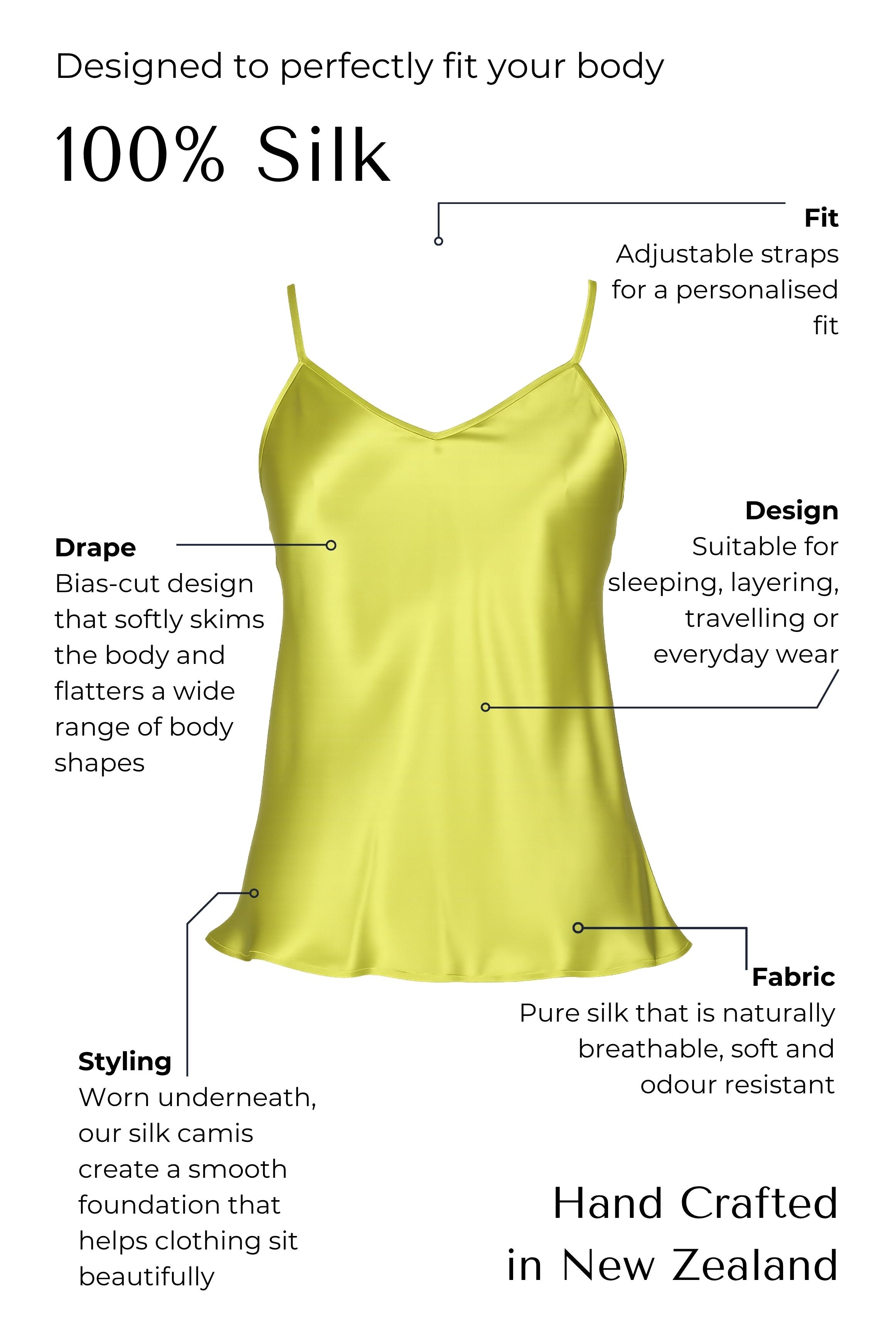 bright green silk camisole with features highlighted on a white background