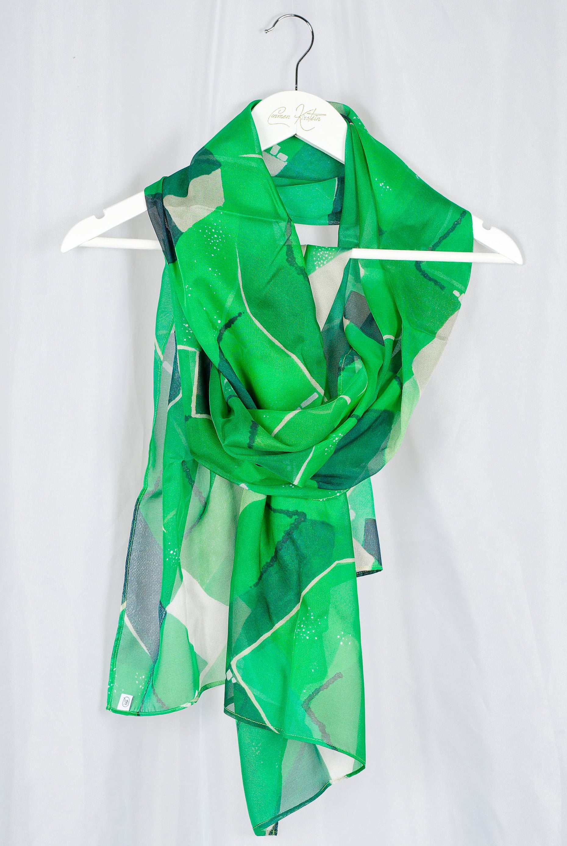 green silk satin chiffon scarf with farmland print