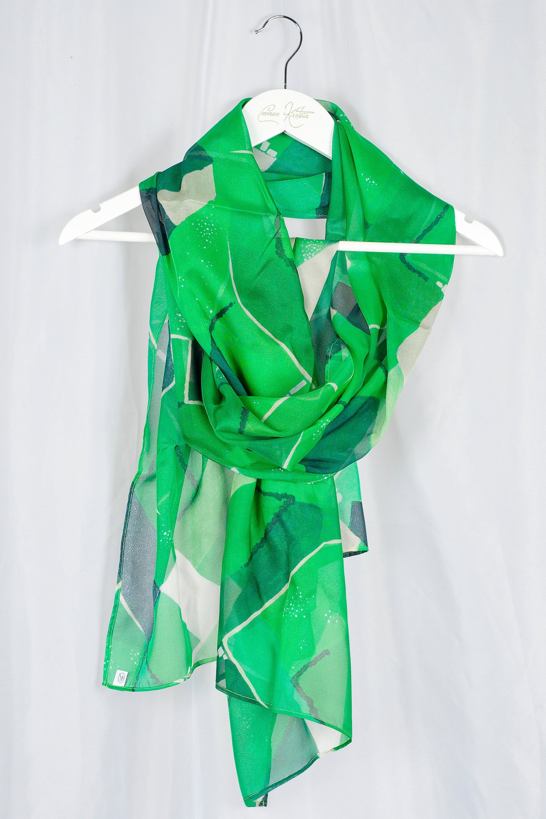 green silk satin chiffon scarf with farmland print