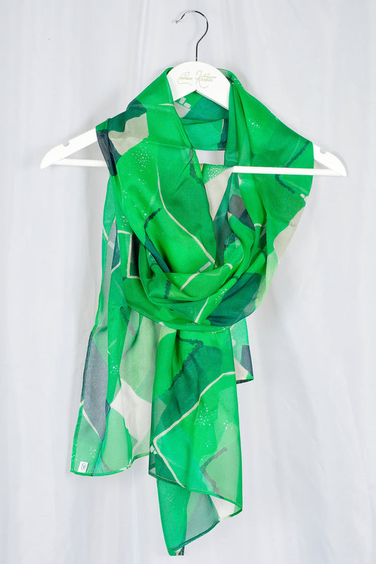 green silk satin chiffon scarf with farmland print