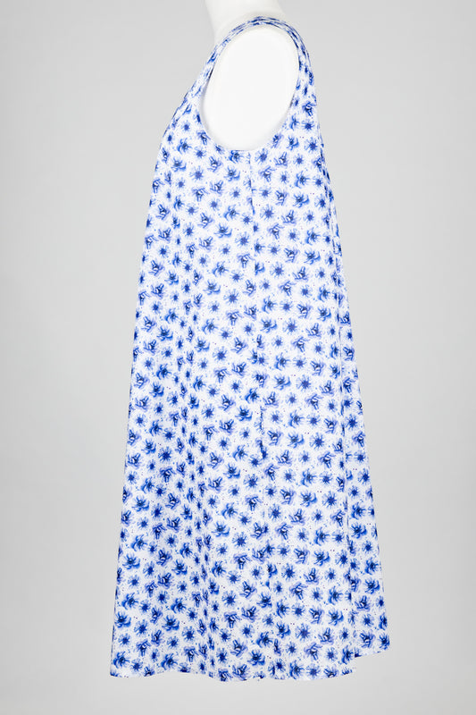 Blue floral cotton nightie dress on a mannequin against a gray background