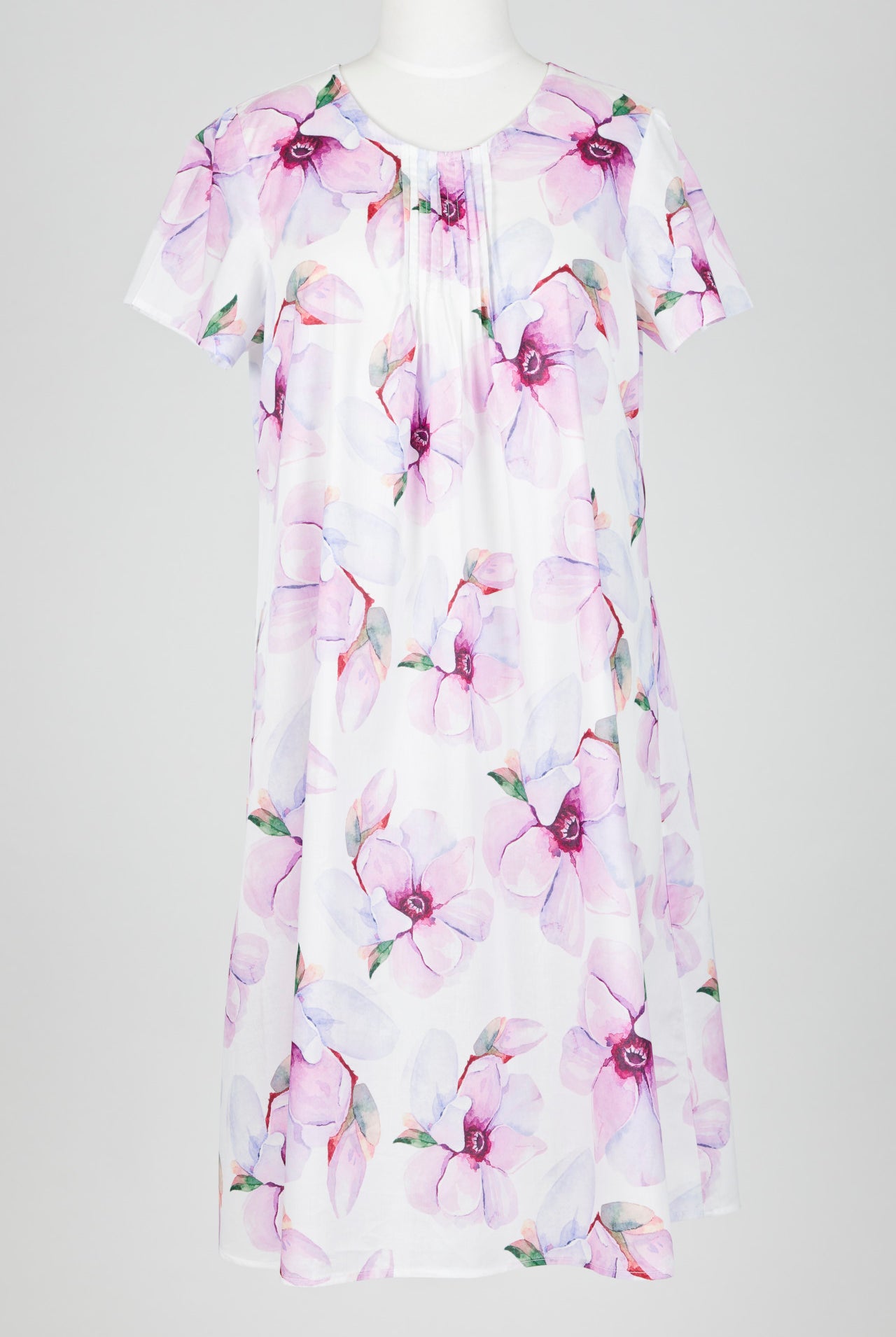 pink Floral patterned nightie dress on a mannequin against a white background