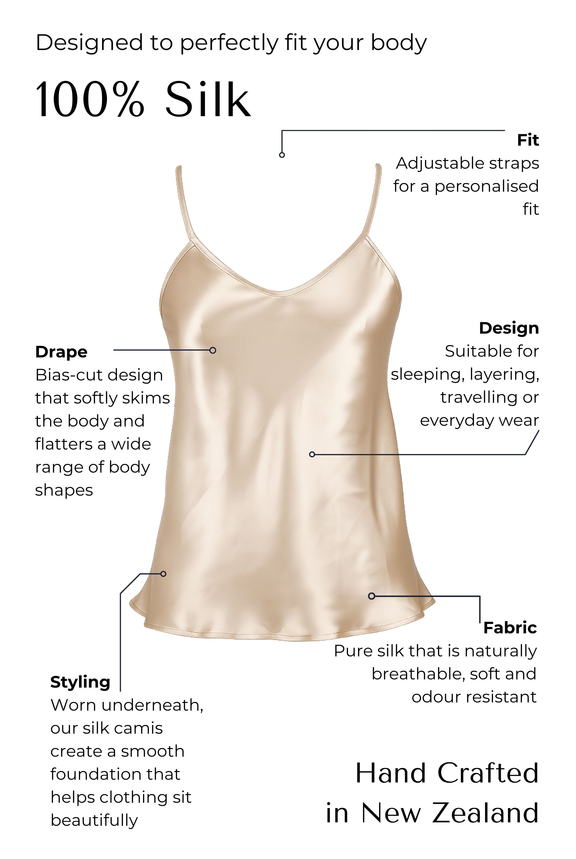 nude Silk camisole with features highlighted on a black background