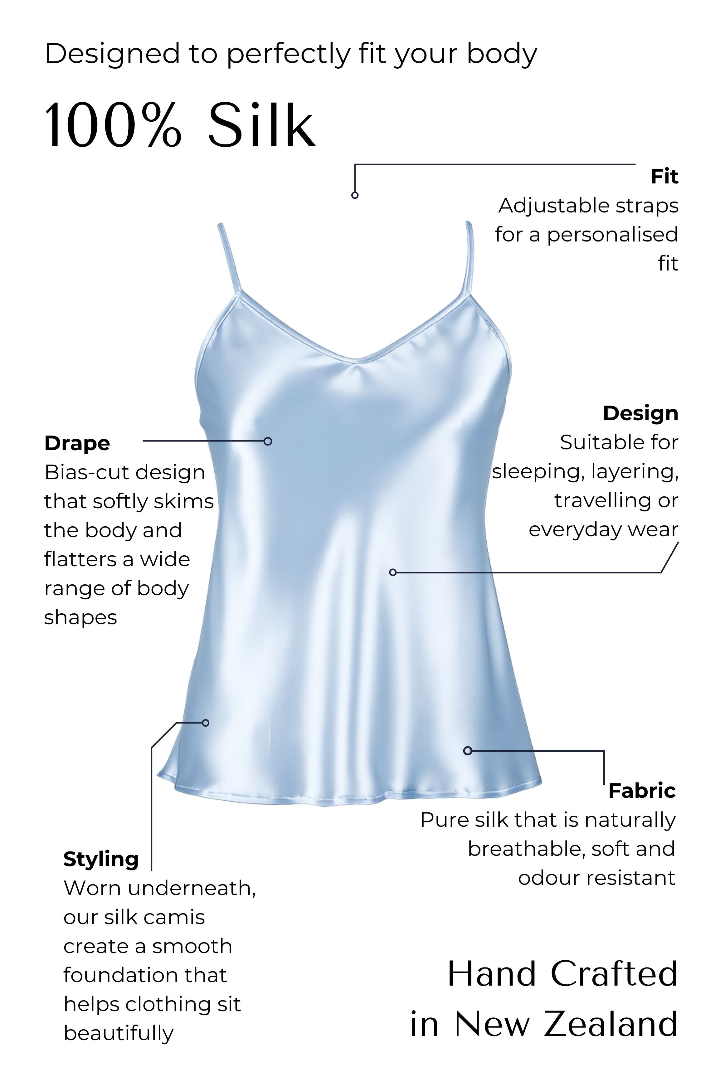 light blue Silk camisole with features highlighted on a black background