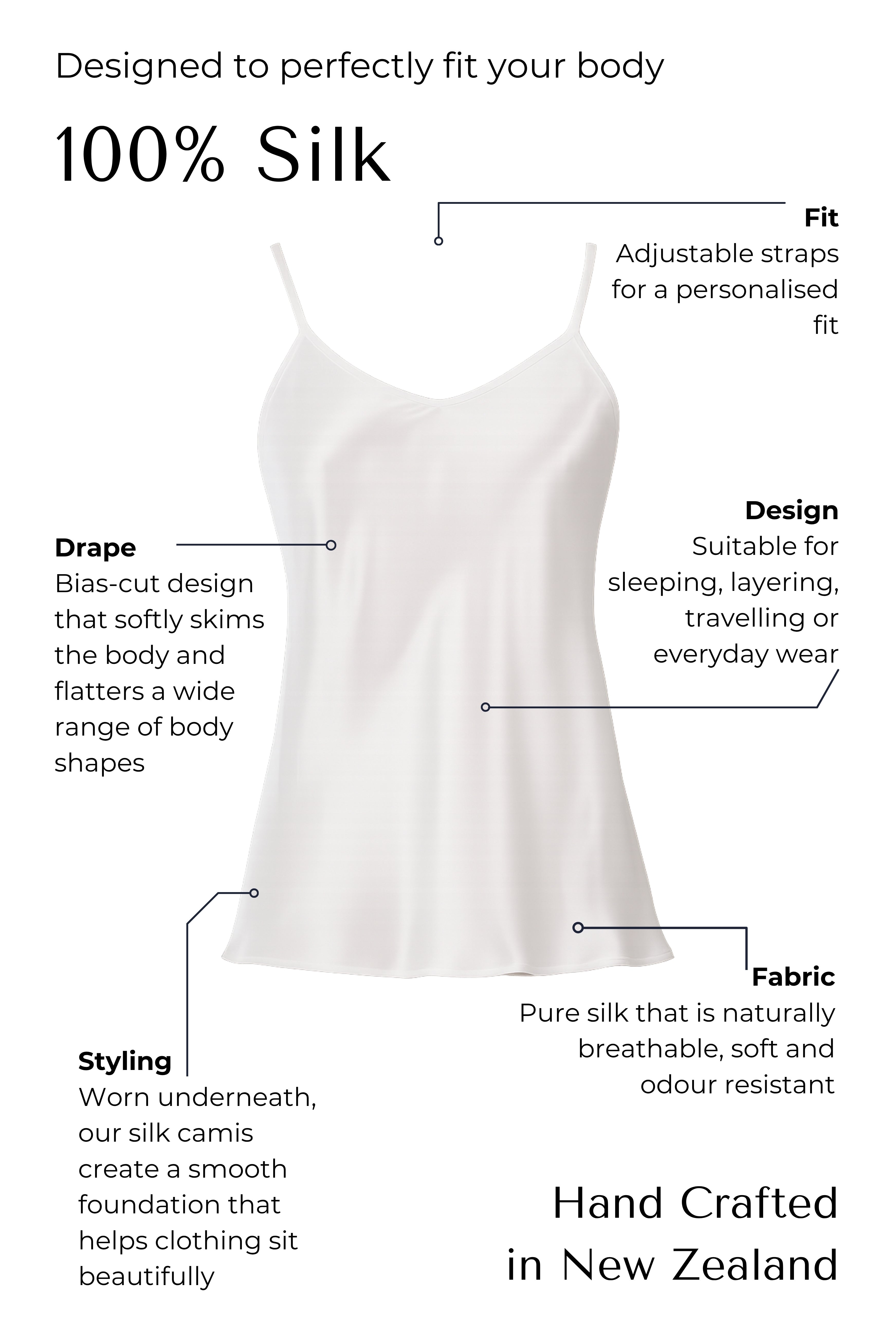 Silk white camisole with features highlighted on a black background