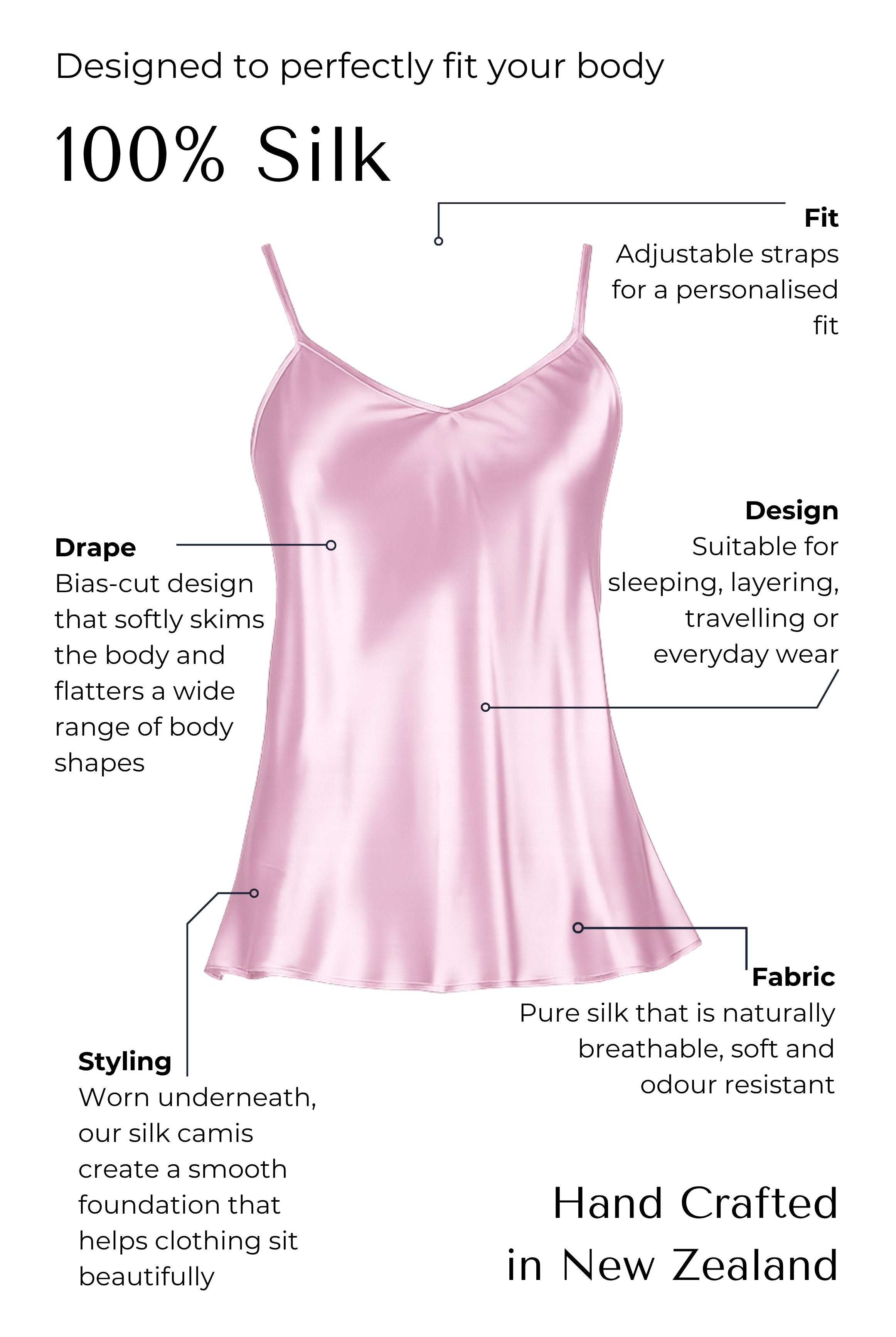 purple silk satin camisole with features highlighted on a white background