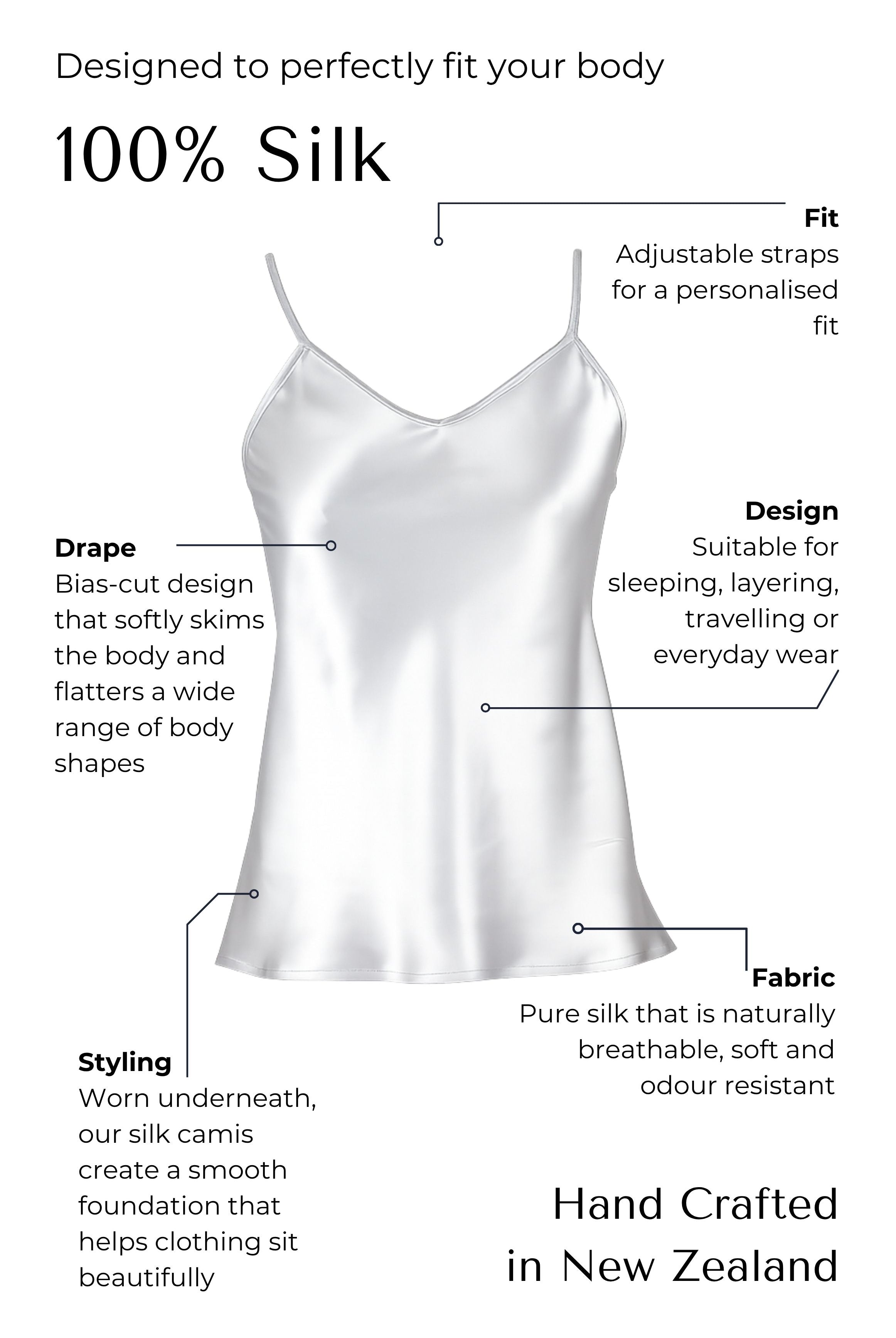 Silk silver camisole with features highlighted on a white background