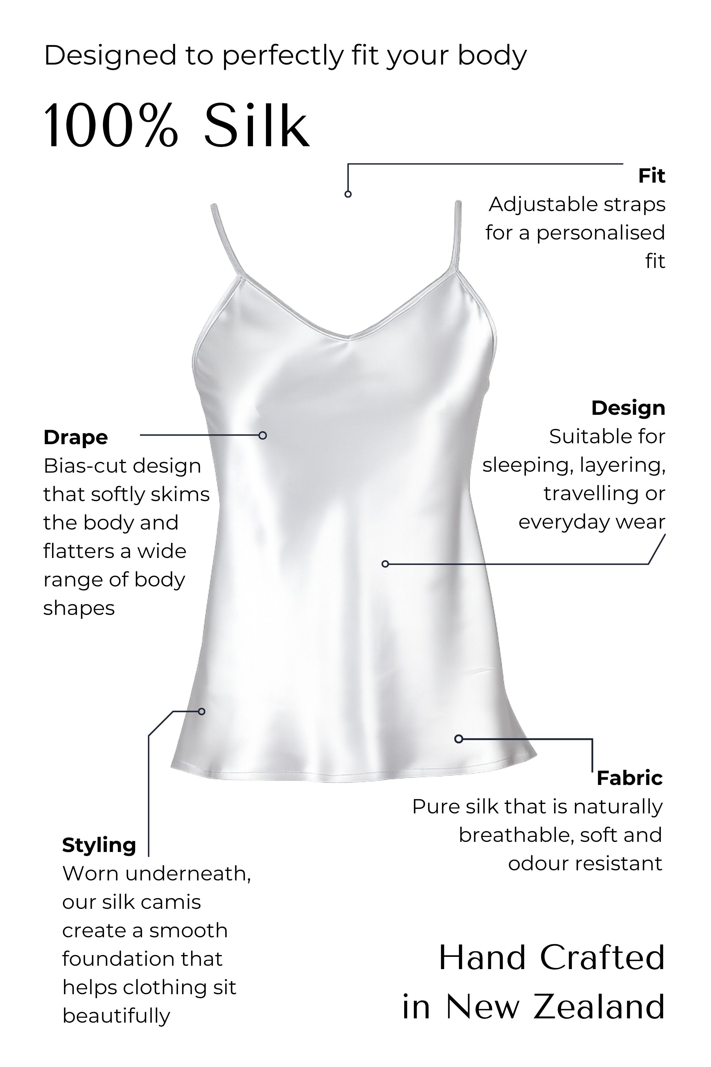Silk silver camisole with features highlighted on a white background