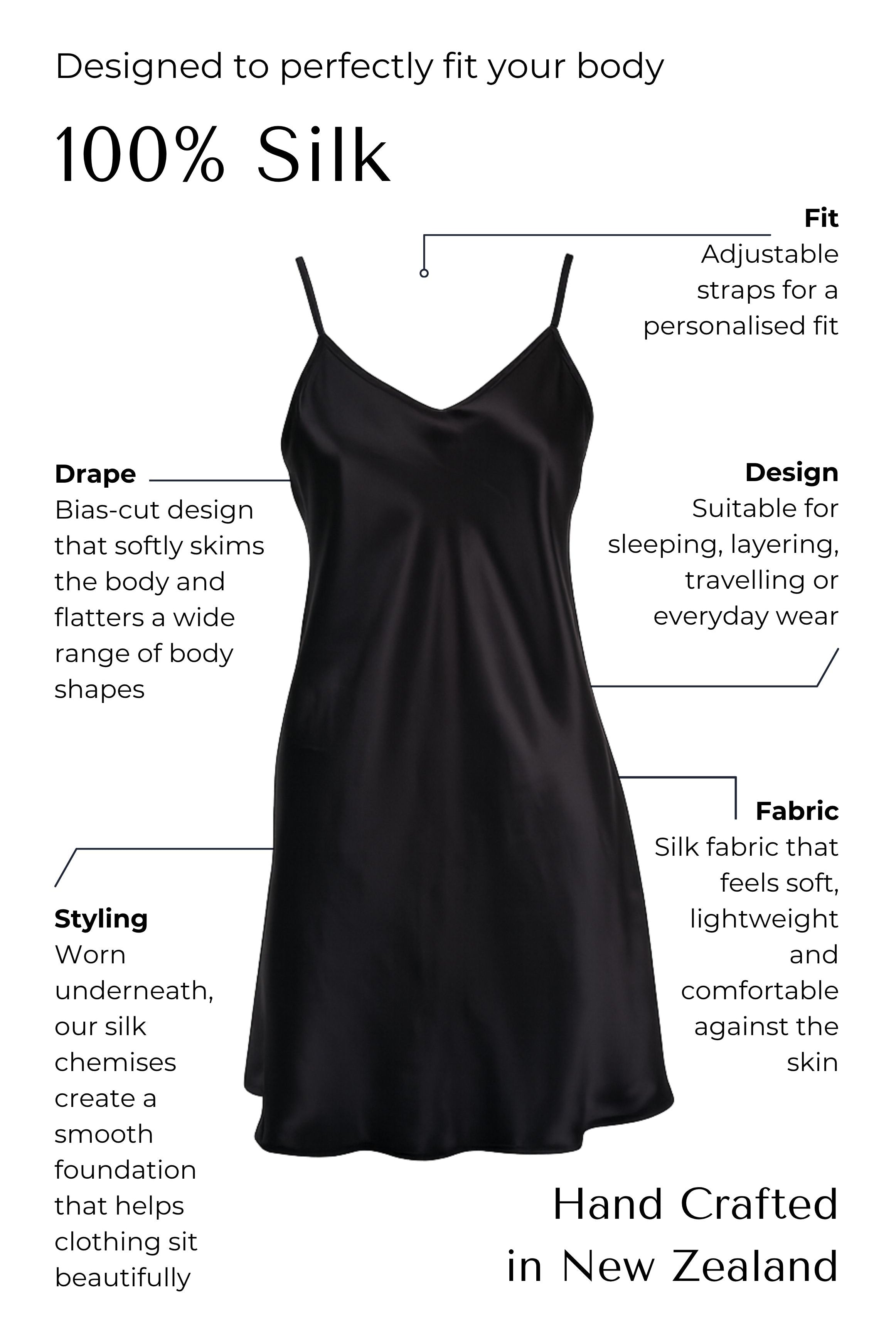Black silk slip dress with text describing its features on a white background