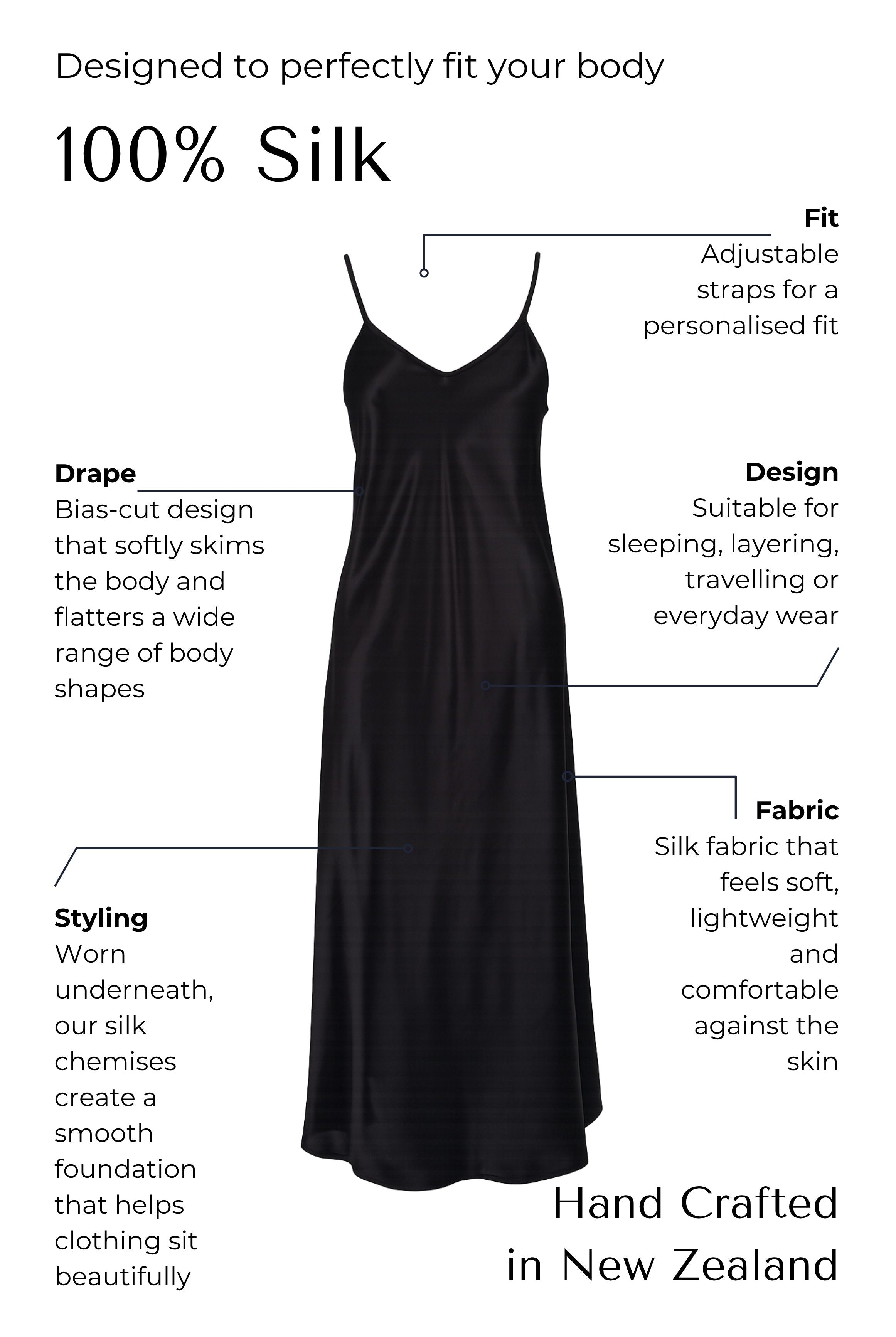 Black silk slip dress with text detailing features on a white background