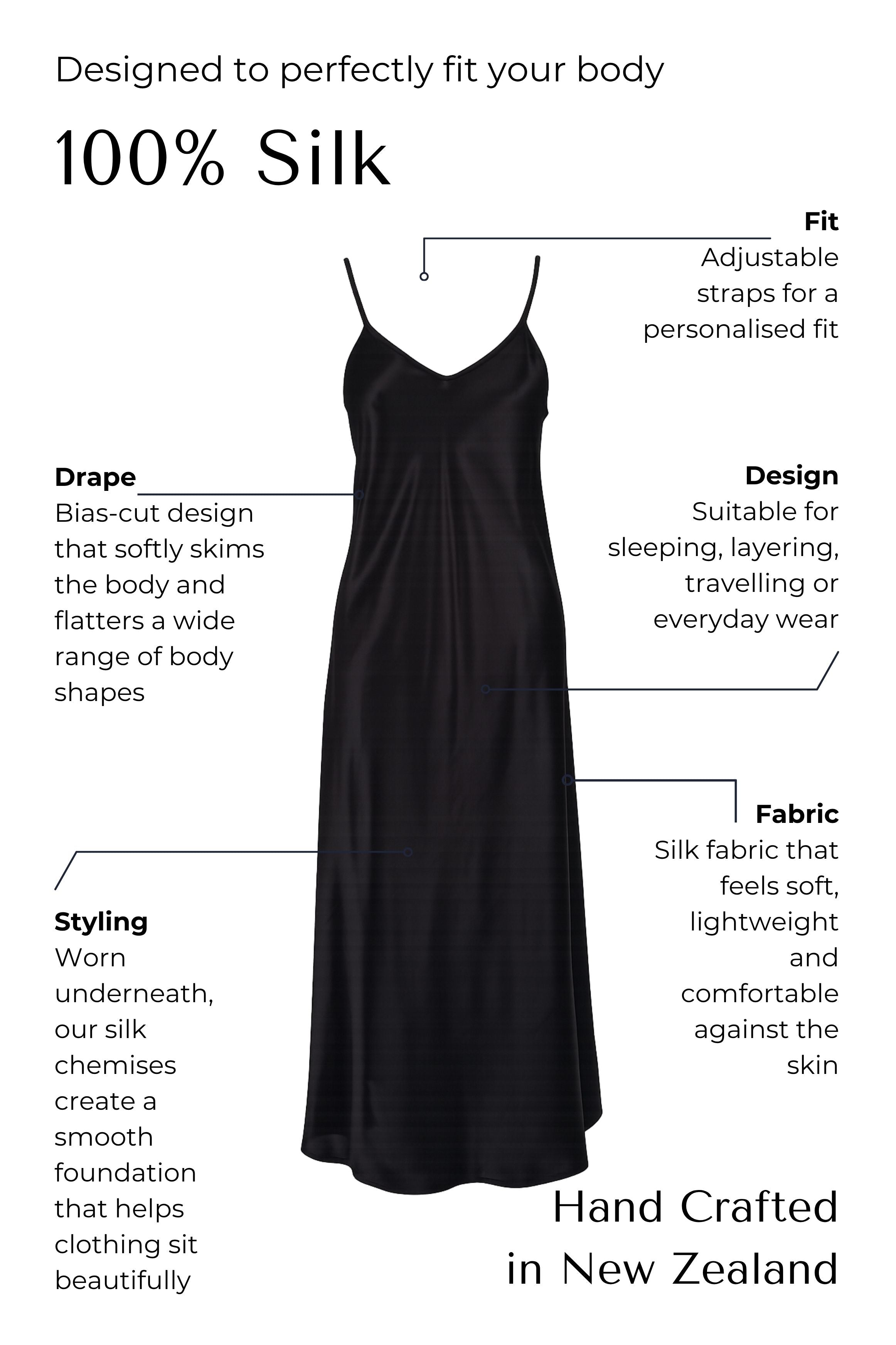 Black silk slip dress with text detailing features on a white background