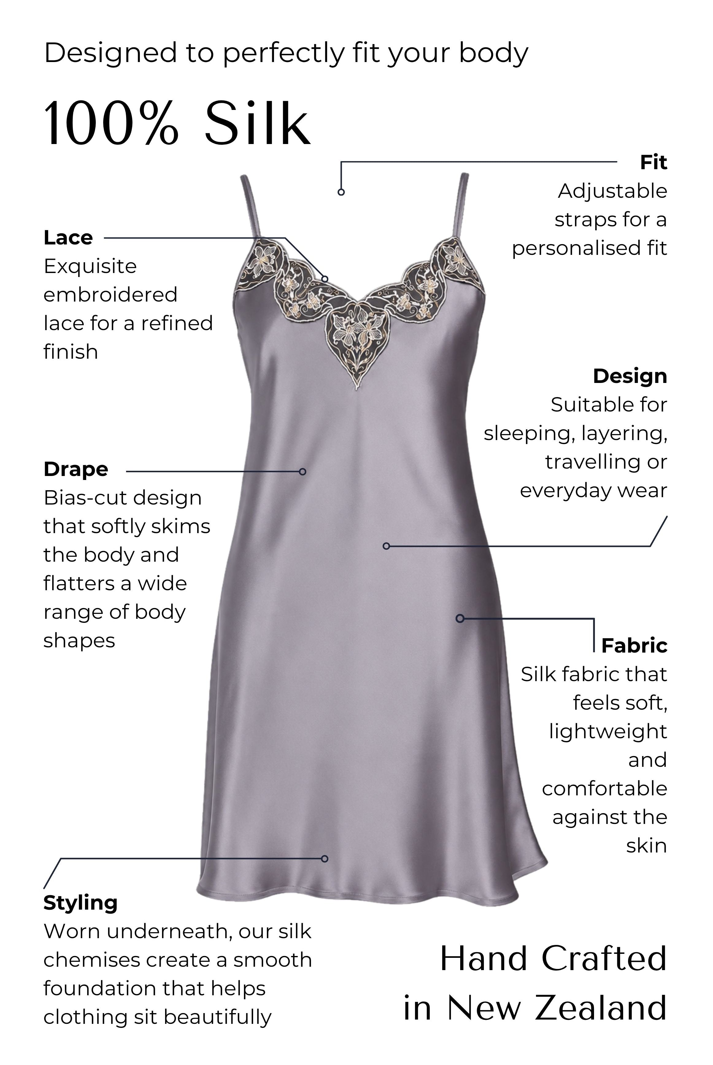 Silk lace chemise slip with features highlighted on a white background