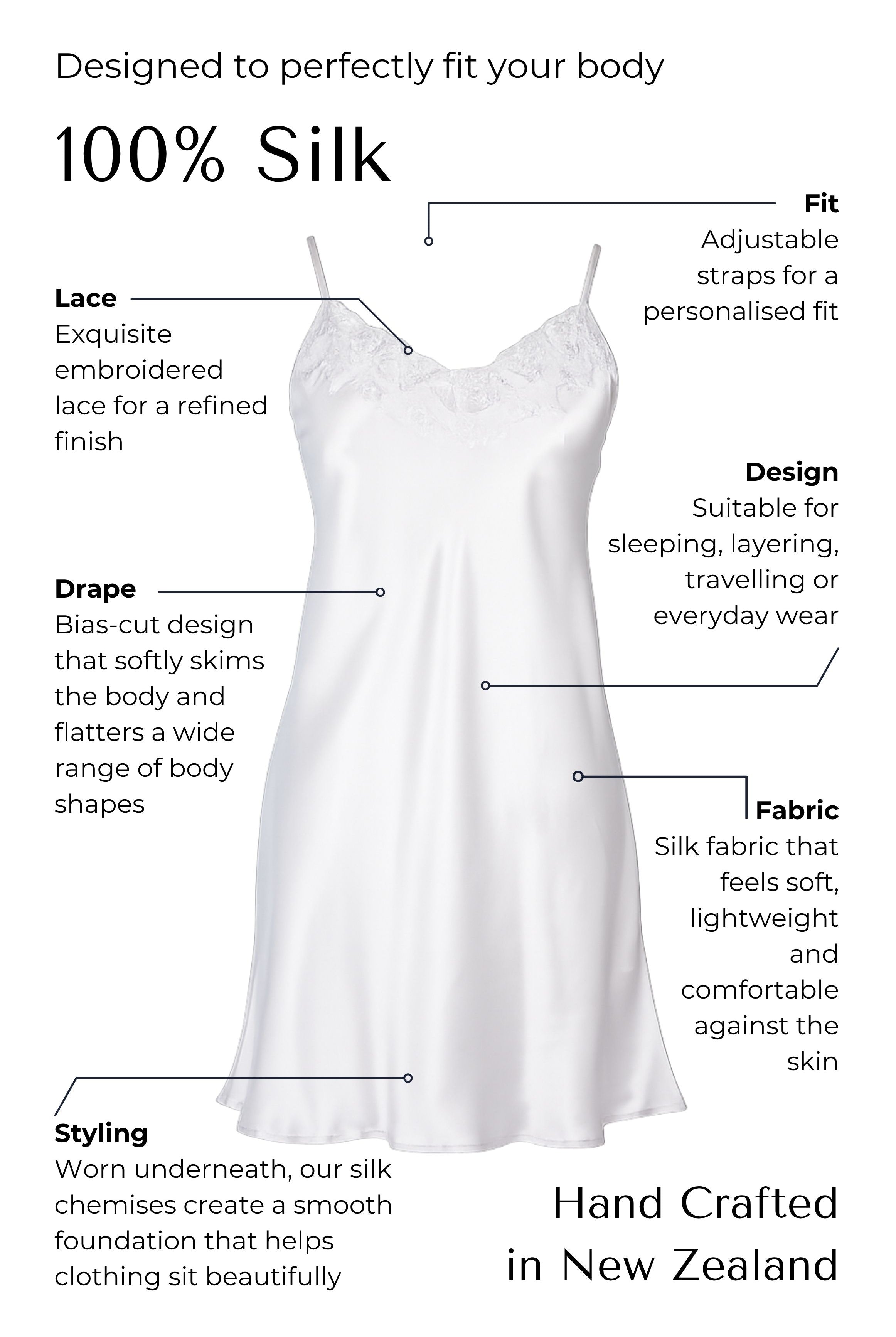 Silk chemise with features labeled on a white background