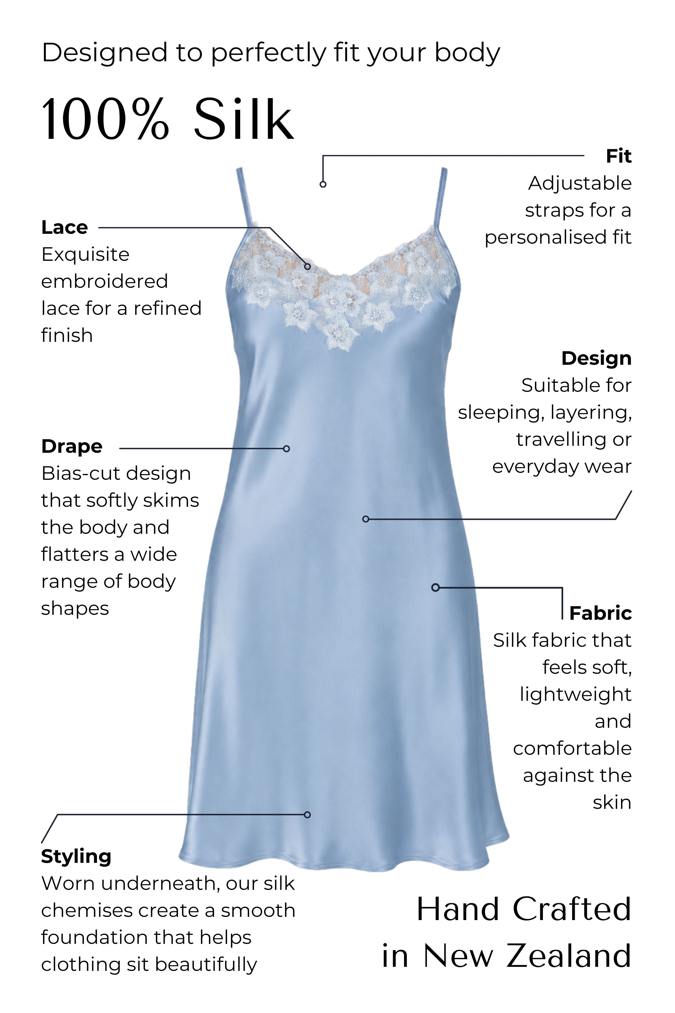 blue Silk chemise with features labeled on a white background
