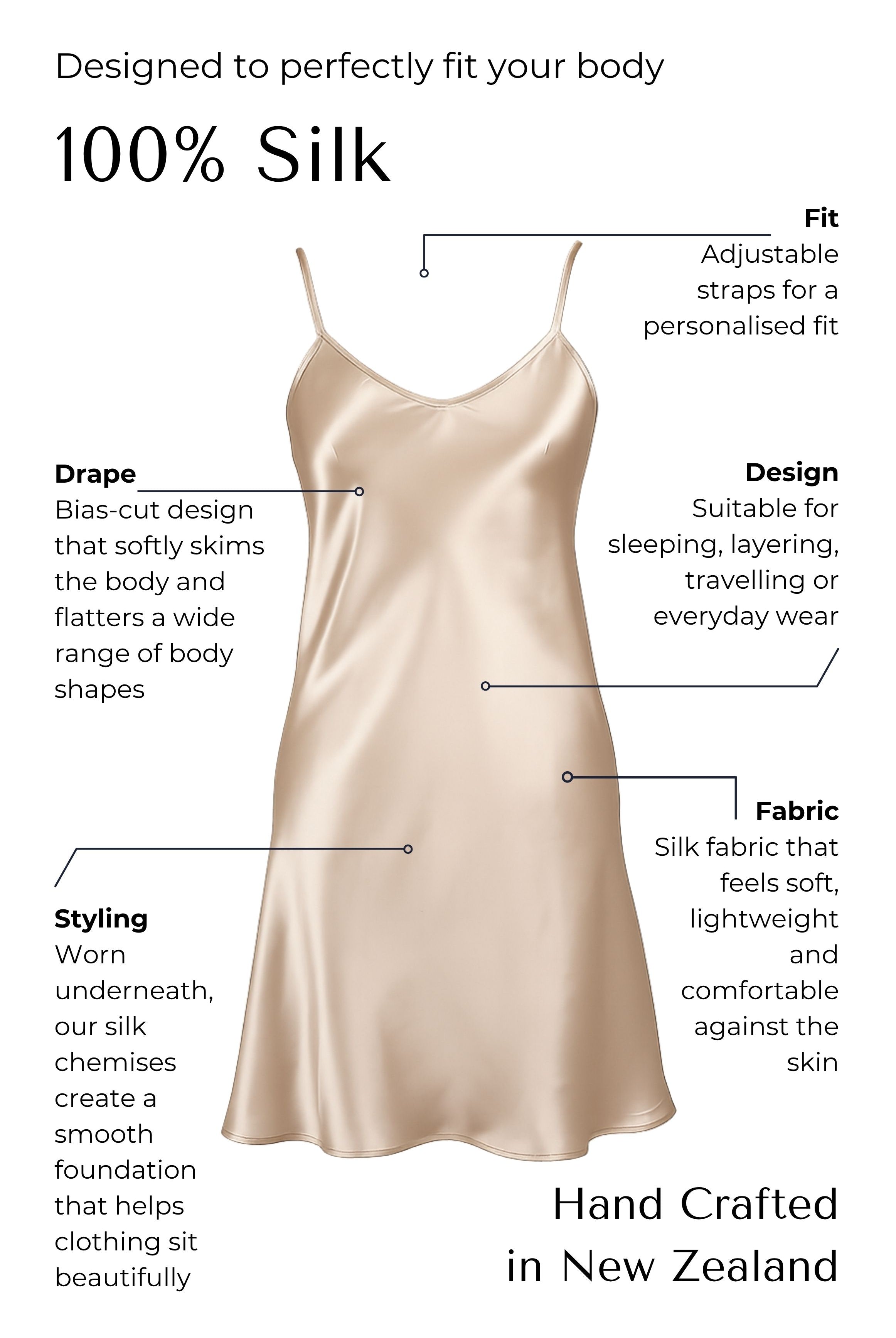 nude skin colour Silk slip dress with features highlighted on a white background