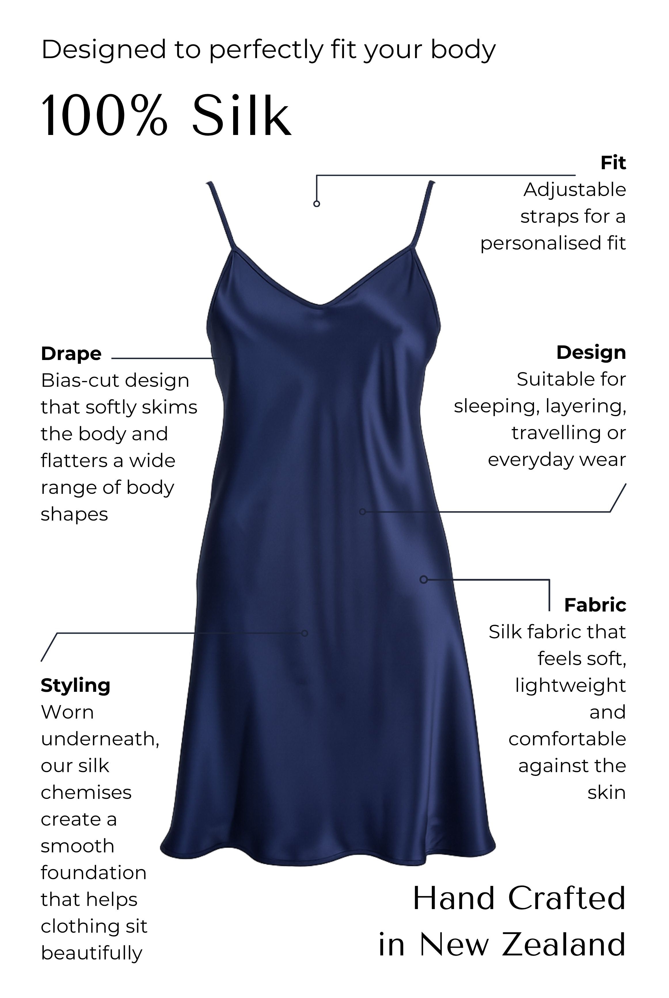 Navy blue silk slip dress with text describing its features on a white background