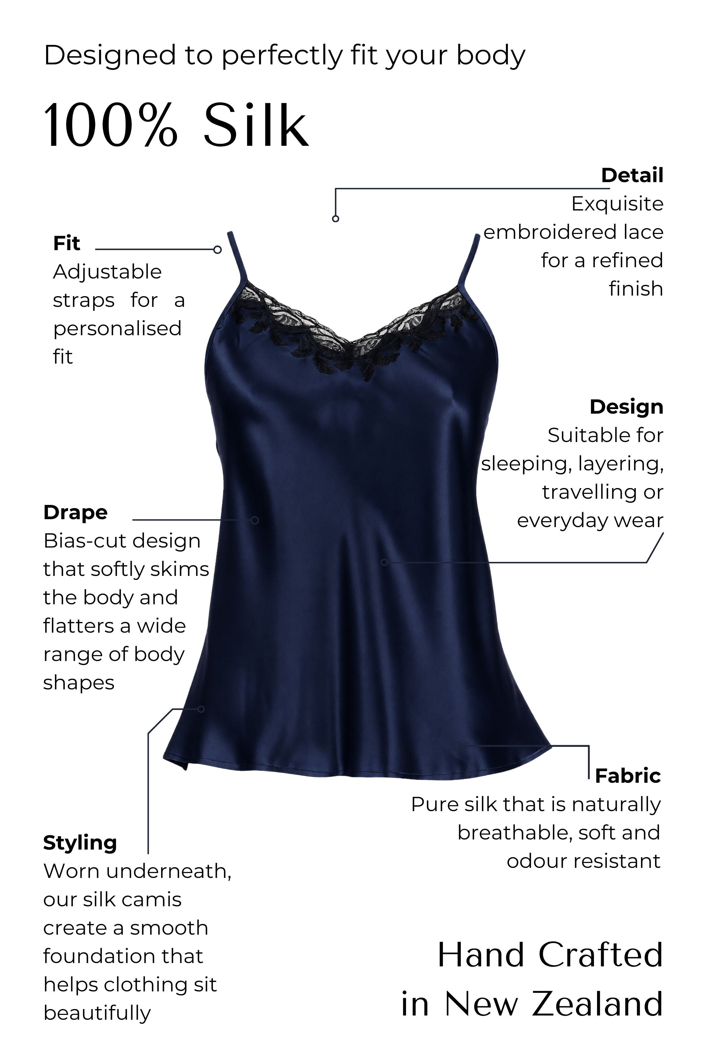 Silk camisole with features highlighted on a black background