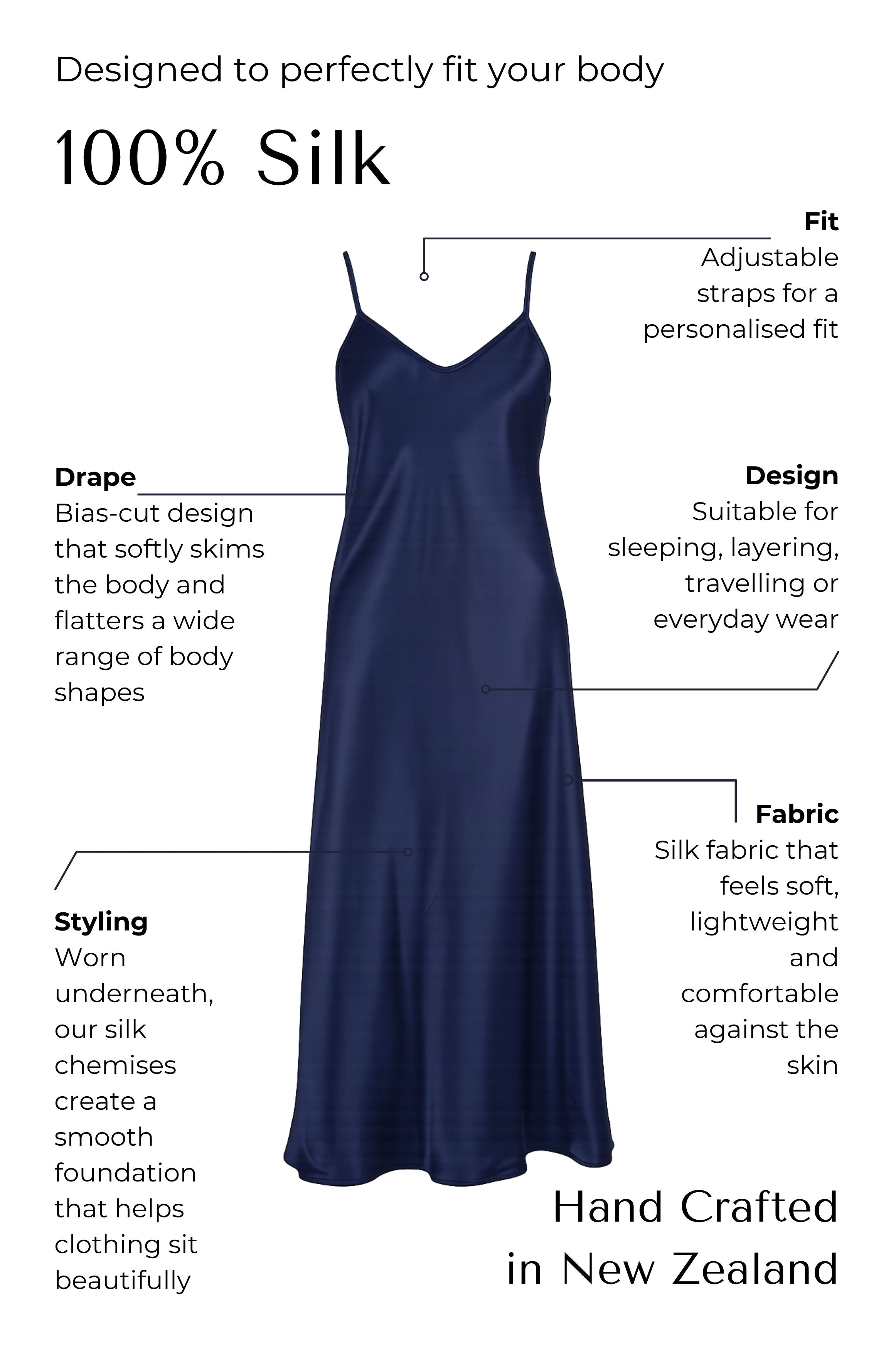 Navy blue silk slip dress with text describing its features on a white background