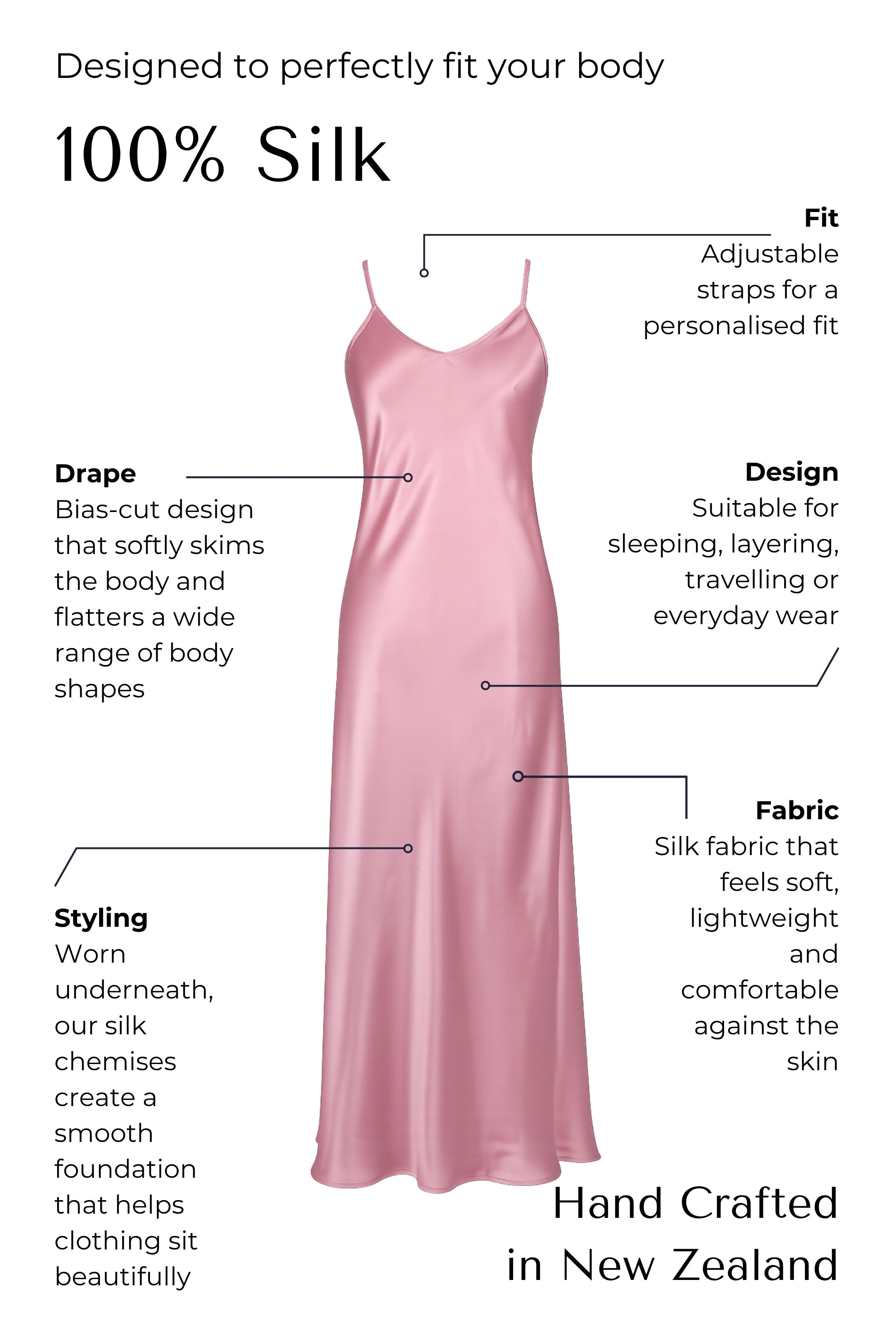 Pink satin silk slip dress with features labeled on a white background