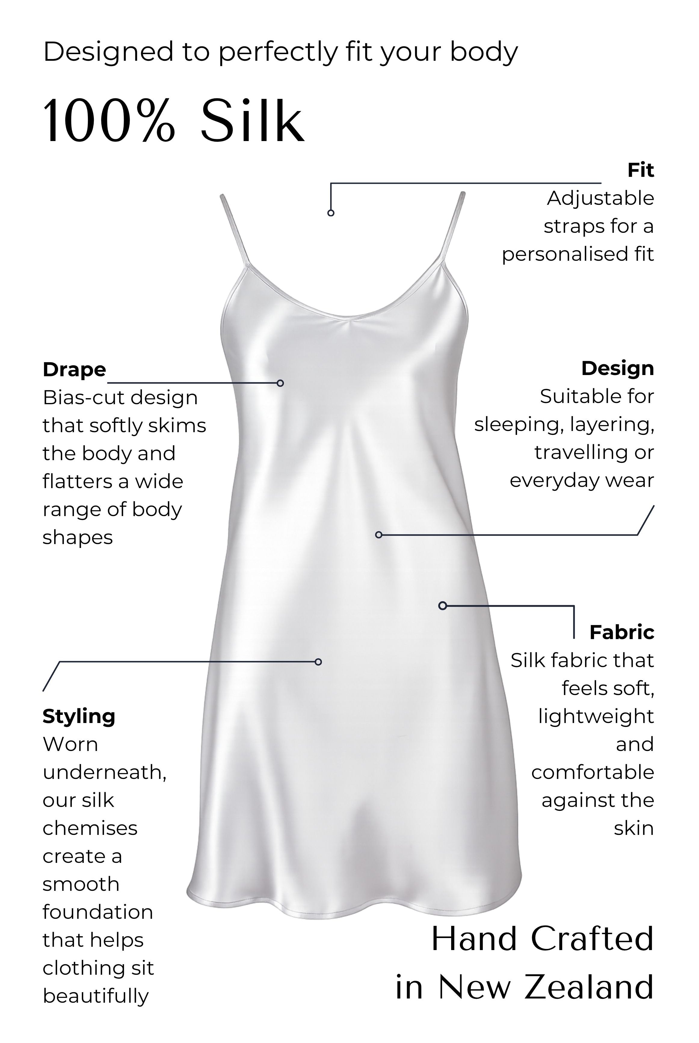 Silk silver nightgown with features highlighted on a white background