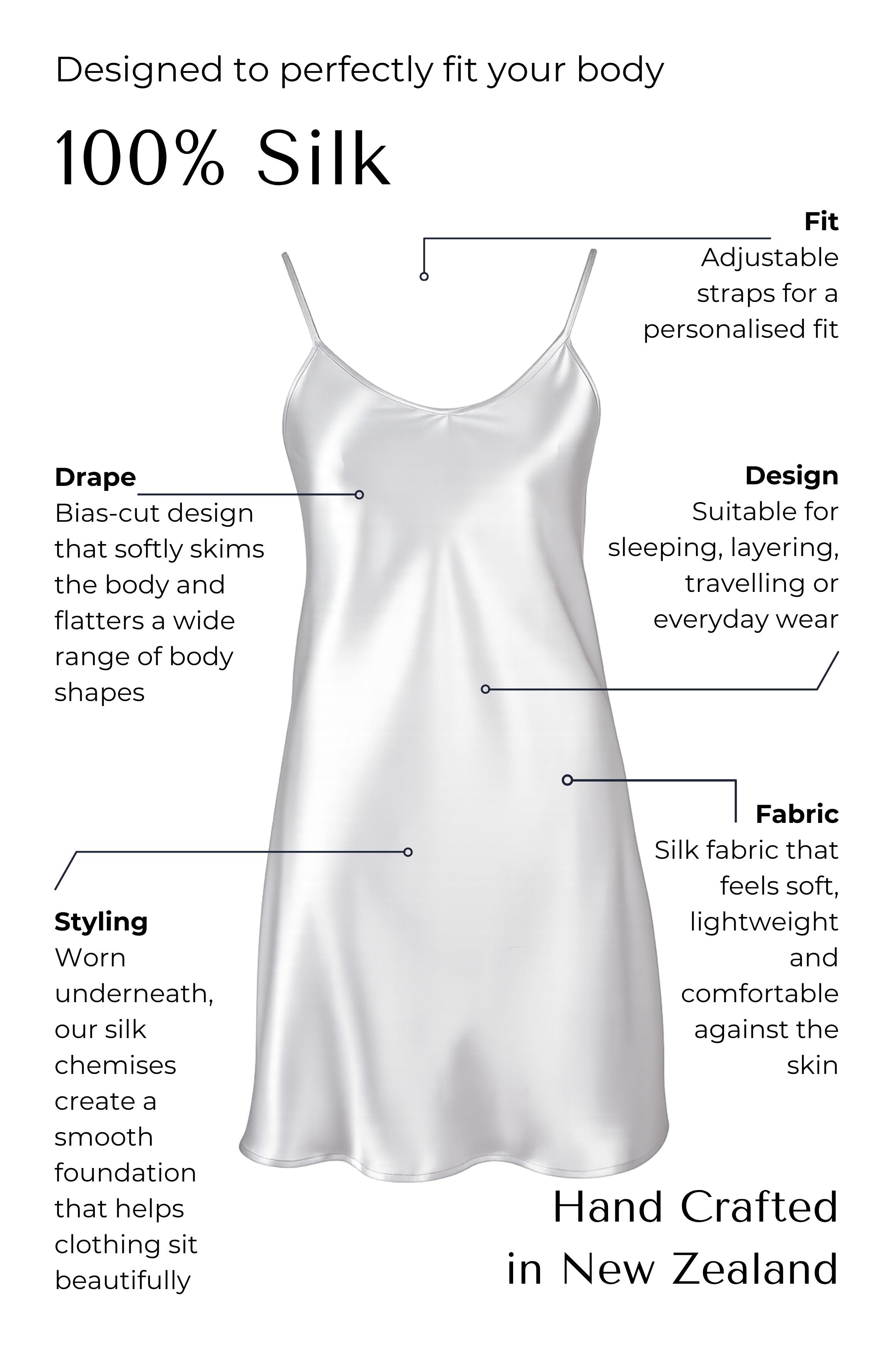 Silk silver nightgown with features highlighted on a white background