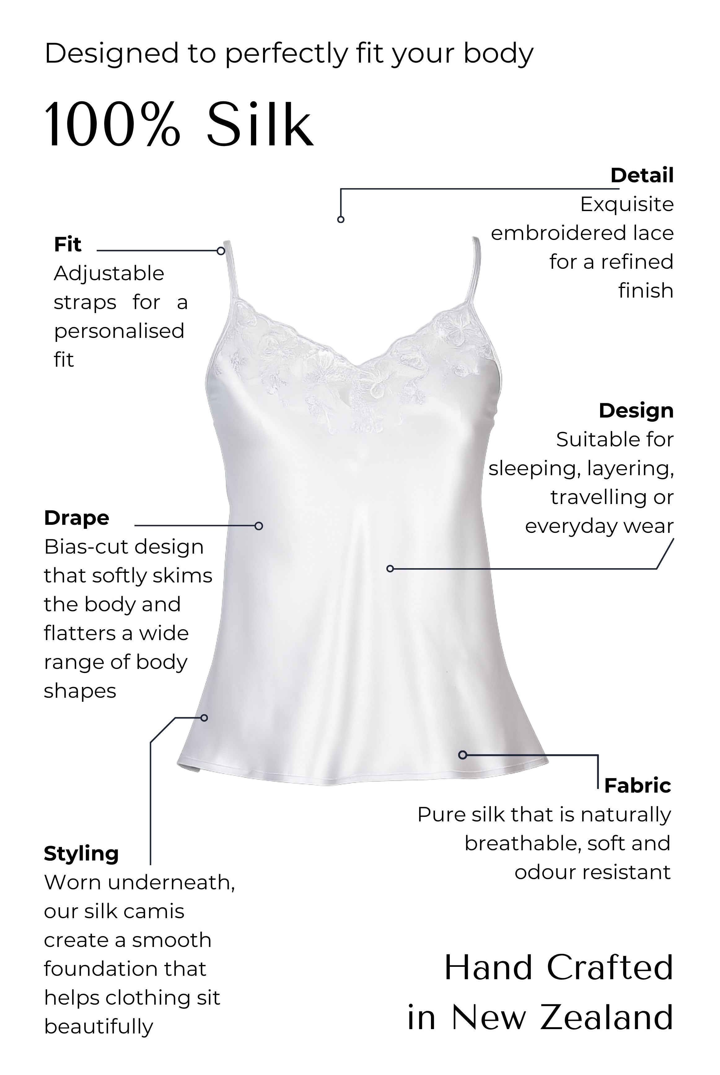 Silver silk camisole with features highlighted on a black background
