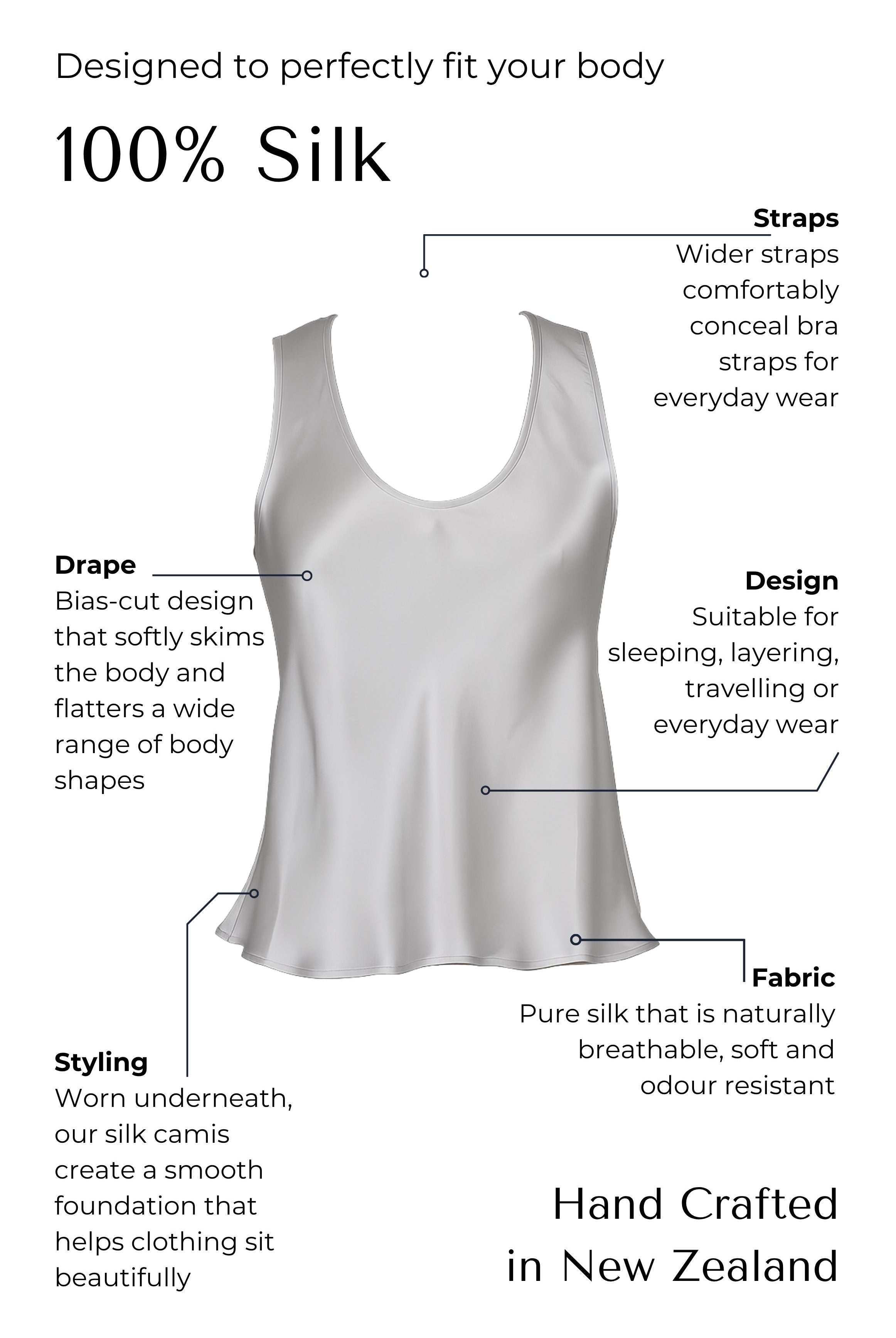 silver Silk camisole with features highlighted on a white background