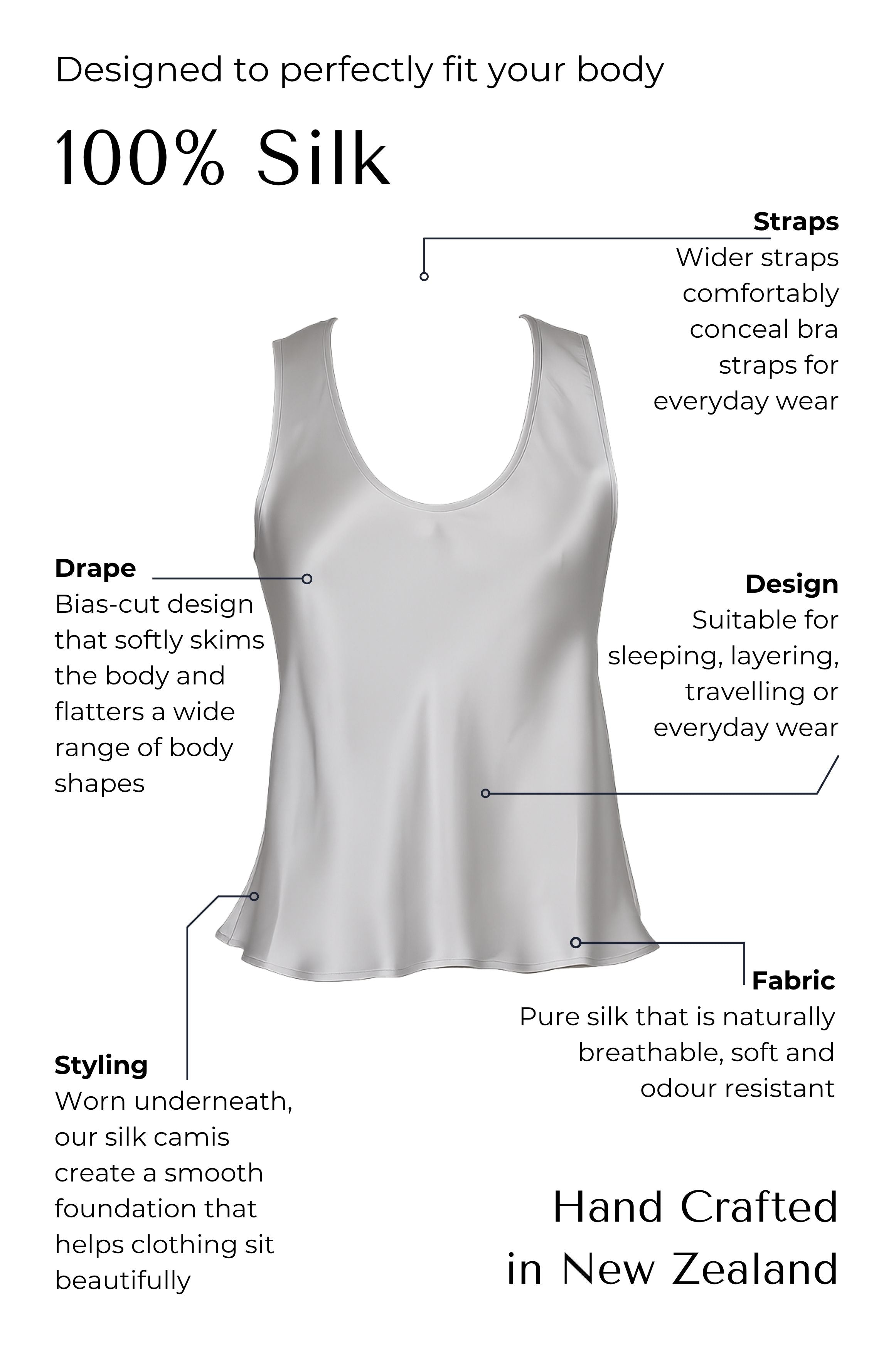 silver Silk camisole with features highlighted on a white background