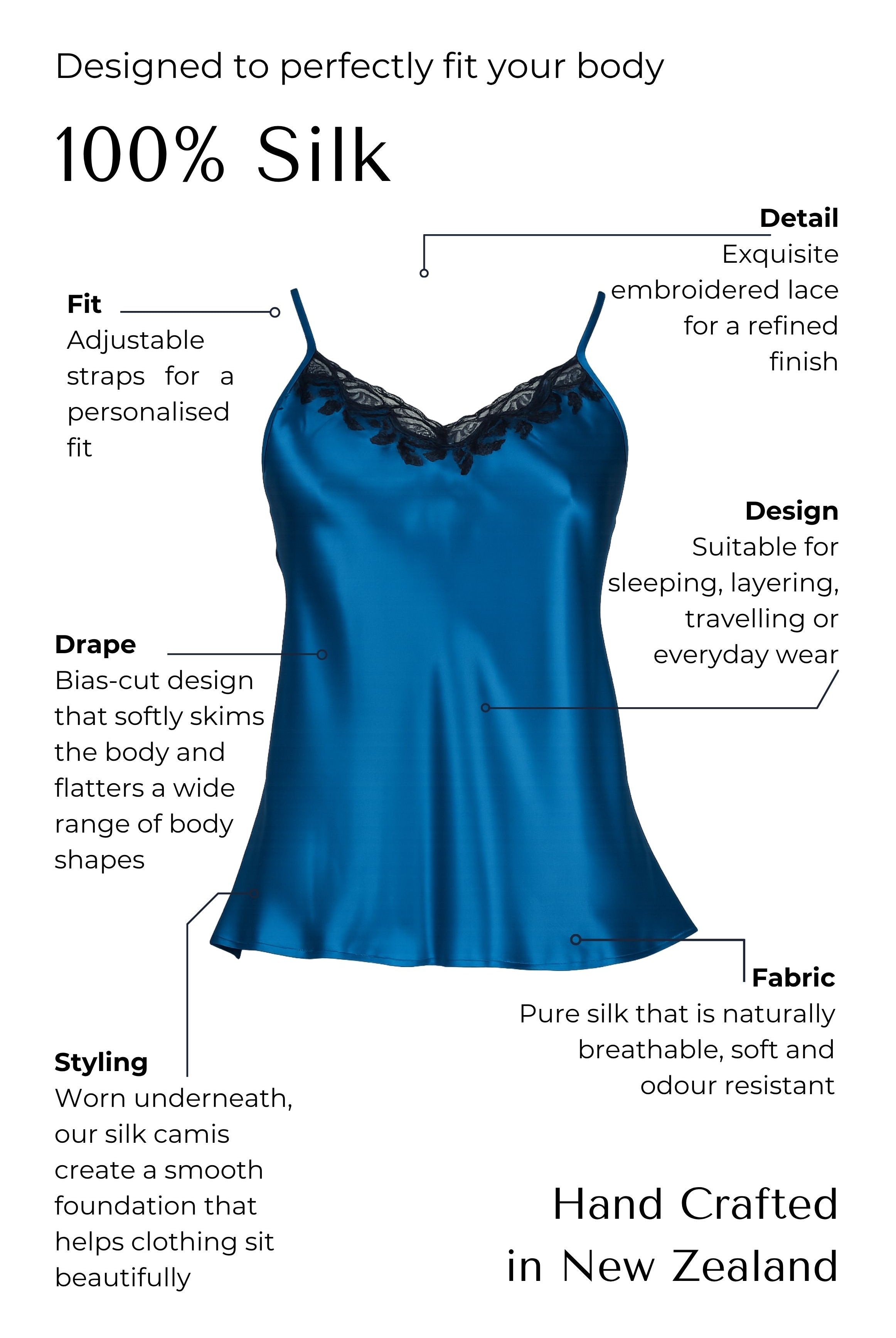 Blue silk camisole with features highlighted on a white background
