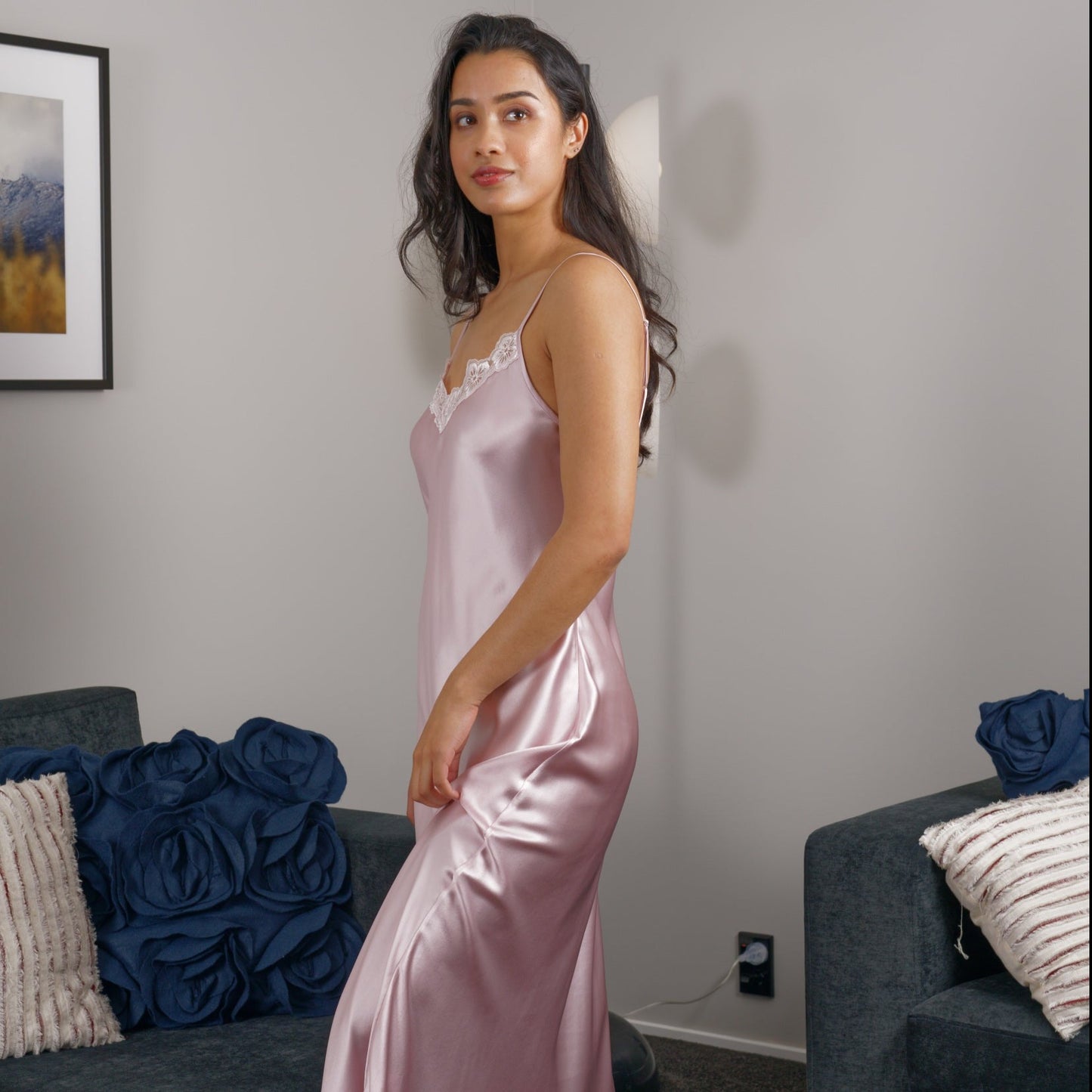 Silk Long Lace Chemise  Slip - Musk