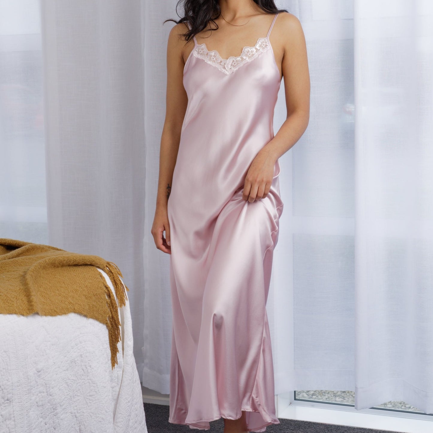 Silk Long Lace Chemise  Slip - Musk