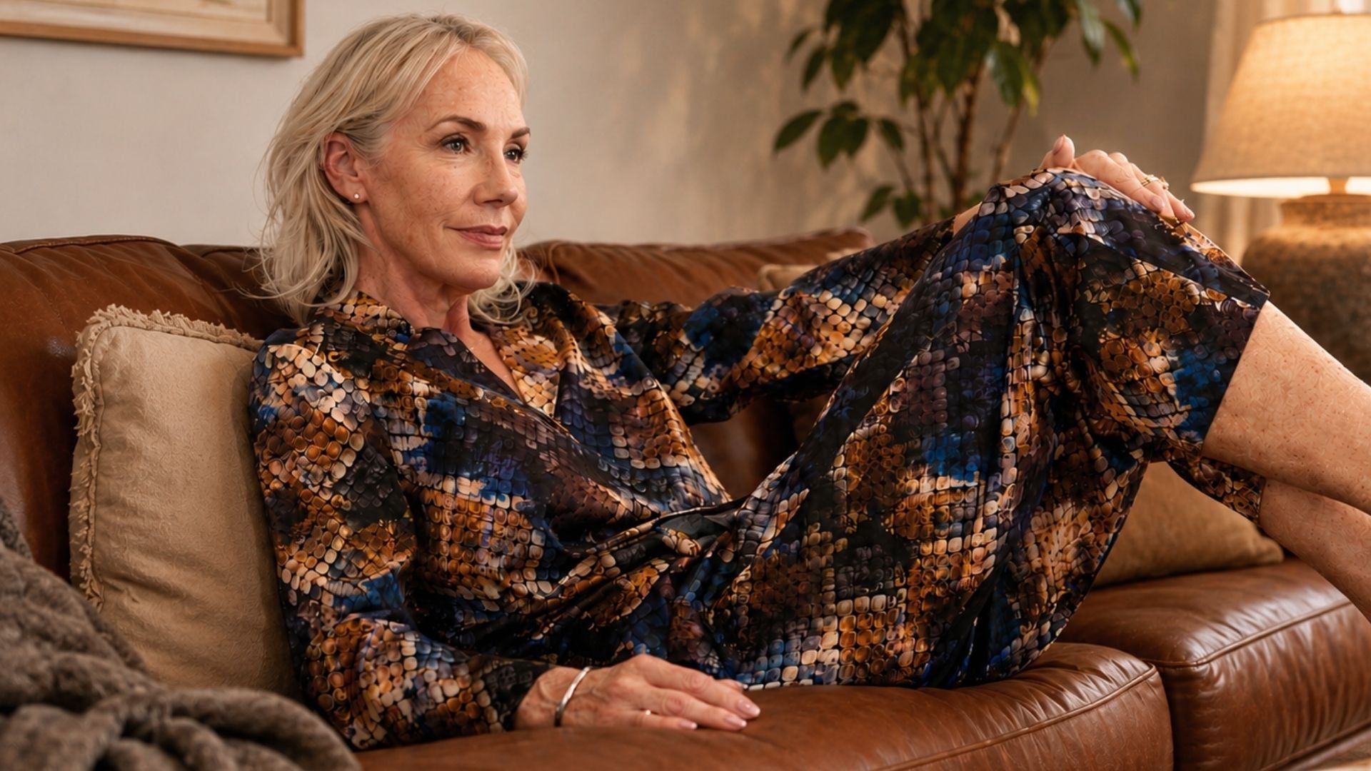 woman sitting on couch wearing cotton Pajamas in a snake print