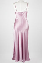mannequin wearing a long light purple silk satin dress