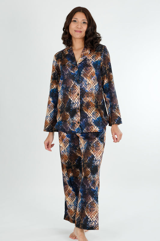 snake print of blue and gold cotton winter long sleeve pjs on a women